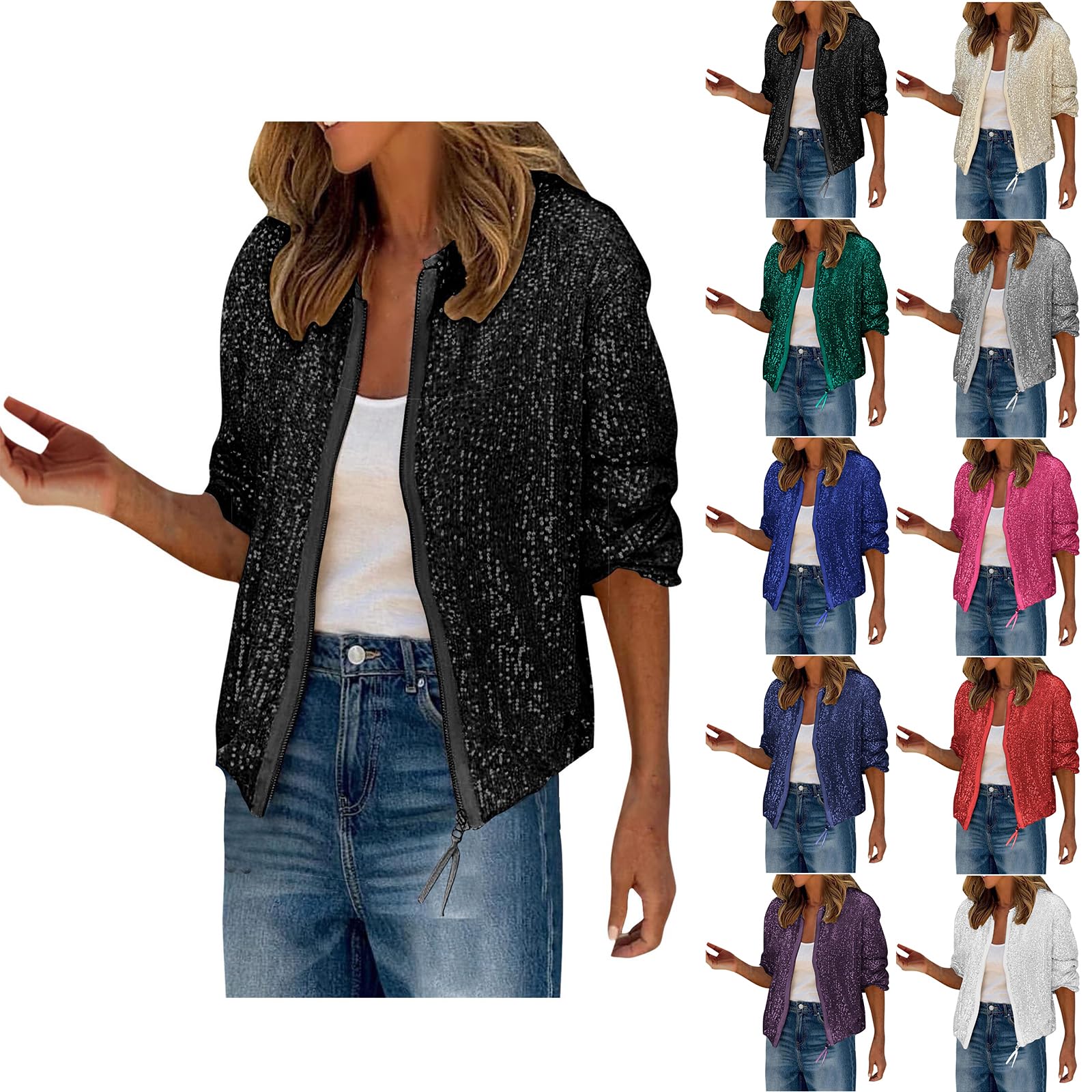 Sequin Jackets for Women Bomber Full Zip Coat Long Sleeve Open Front Sparkle Jacket Glitter Casual Blazer
