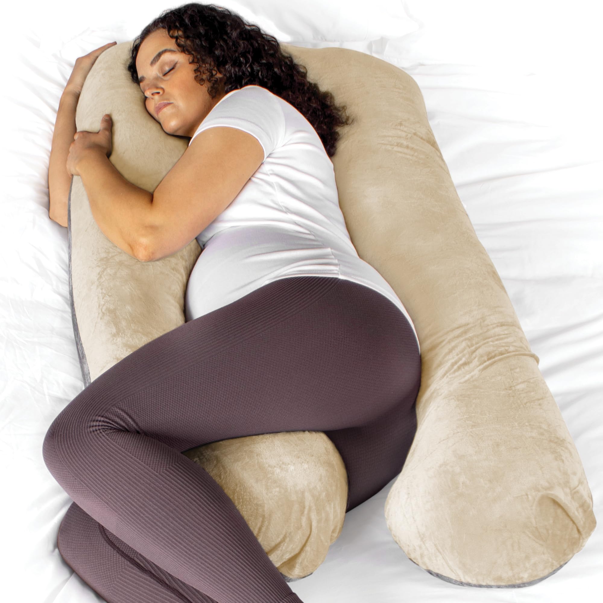 Aamira U Shaped Maternity Pillow - Cream & Grey - Memory Foam Support - Crushed Velvet Cover - 130 x 75cm