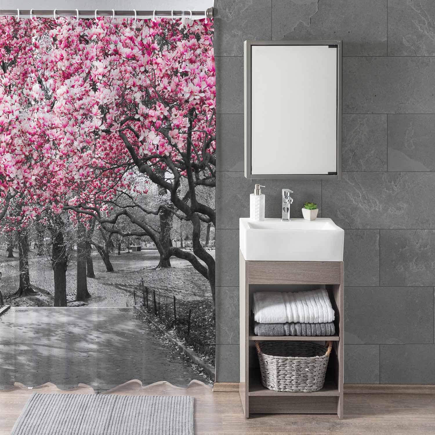 Woutay Shower Curtain Mould Proof Resistant Pink Blossoms,Water Repellant Fabric,Polyester,with 12 Plastic Hooks - Image 3