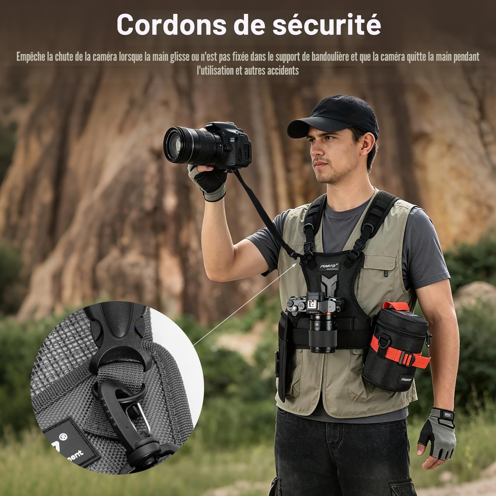 FOMITO Camera Chest Harness System Gilet de transport multi-appareil photo avec étui latéral Gris Compatible avec Canon Nikon Sony Panasonic Olympus DSLR
