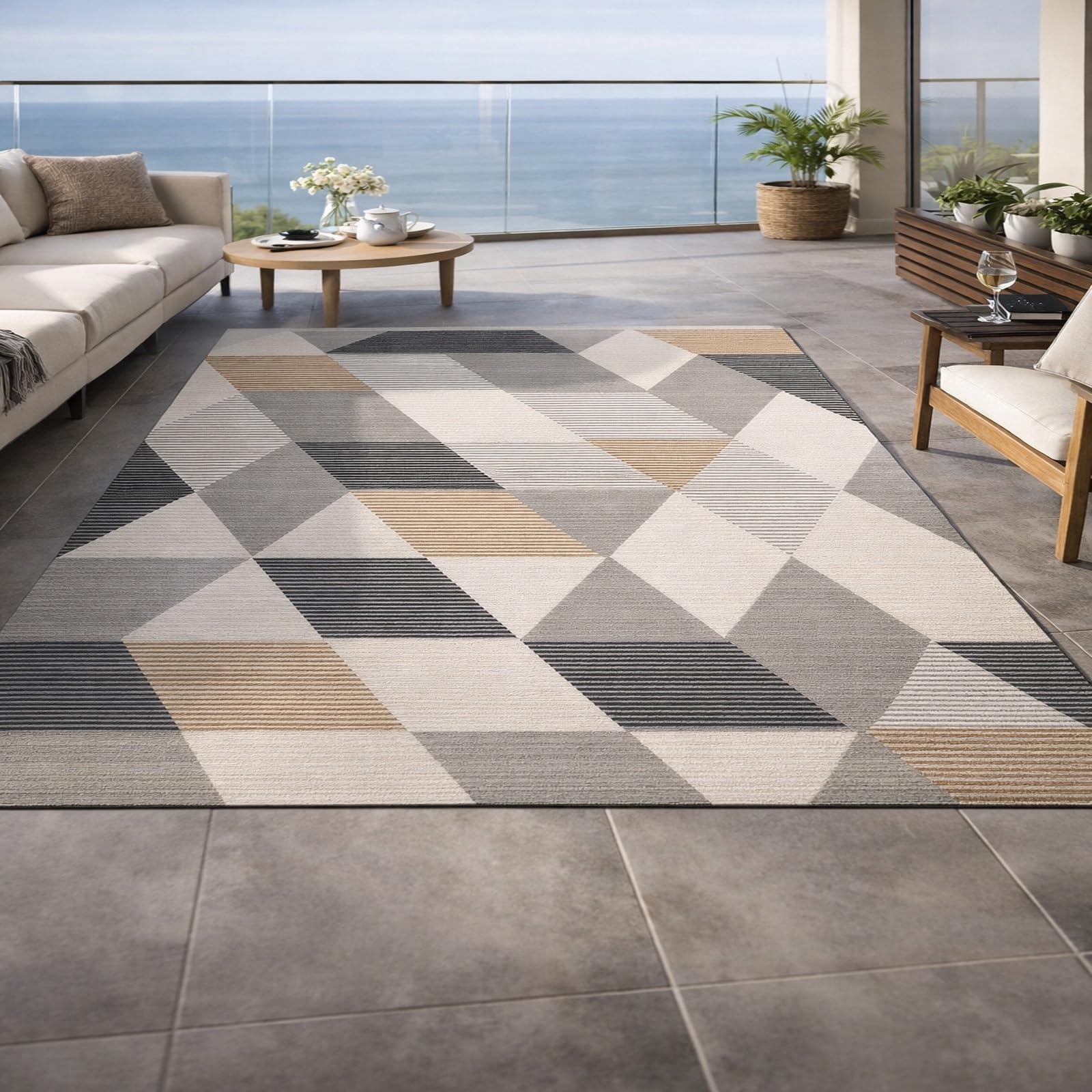 Tapis salon géométrique moderne gris et blanc 150 x 150 cm lavable