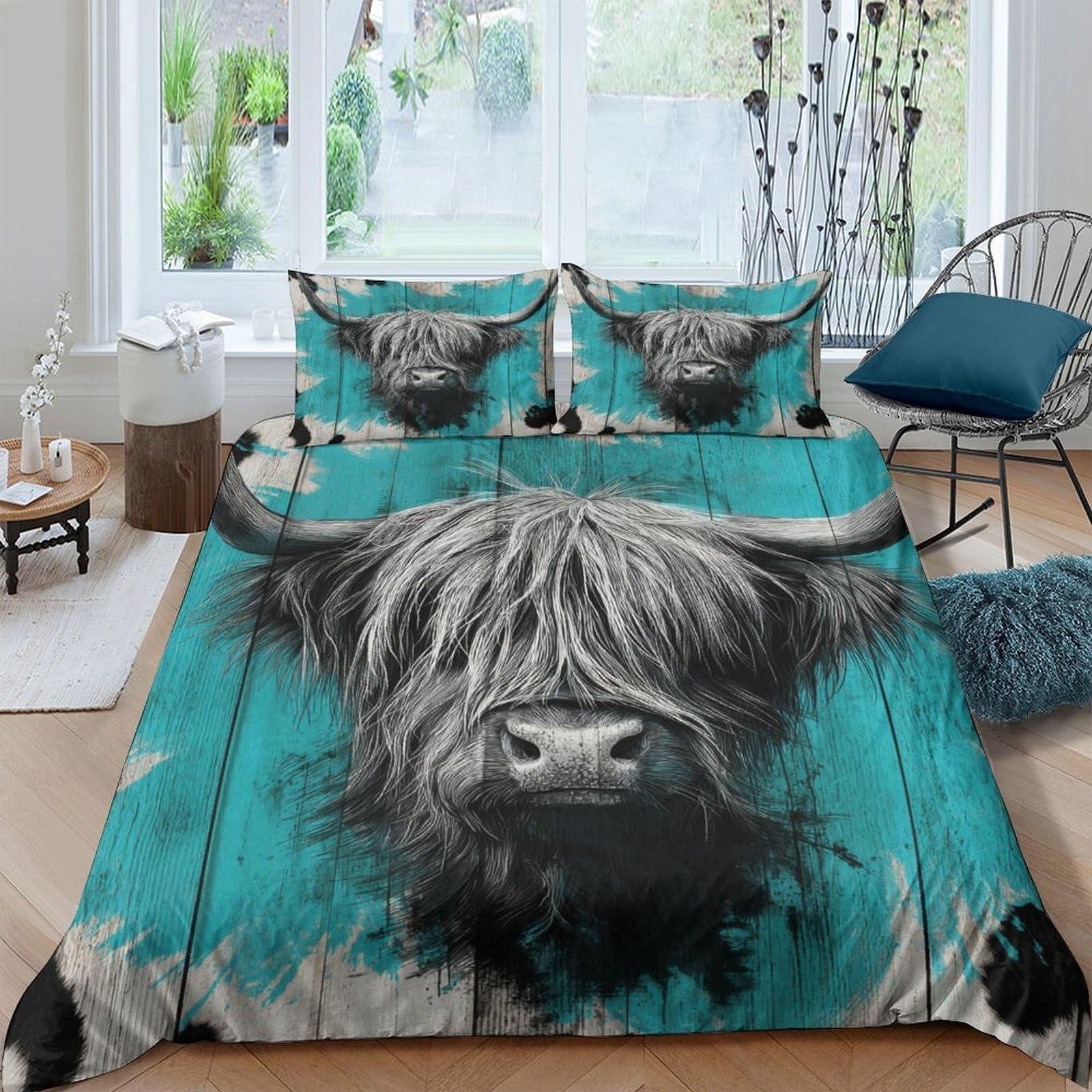 Ctjqhvkz Style-5 3D Printed Highland Cow Fitted Sheet Microfiber Turquoise Animal Bed Cover For Bedroom Guest Room Mattress Protection Single（135X200cm）