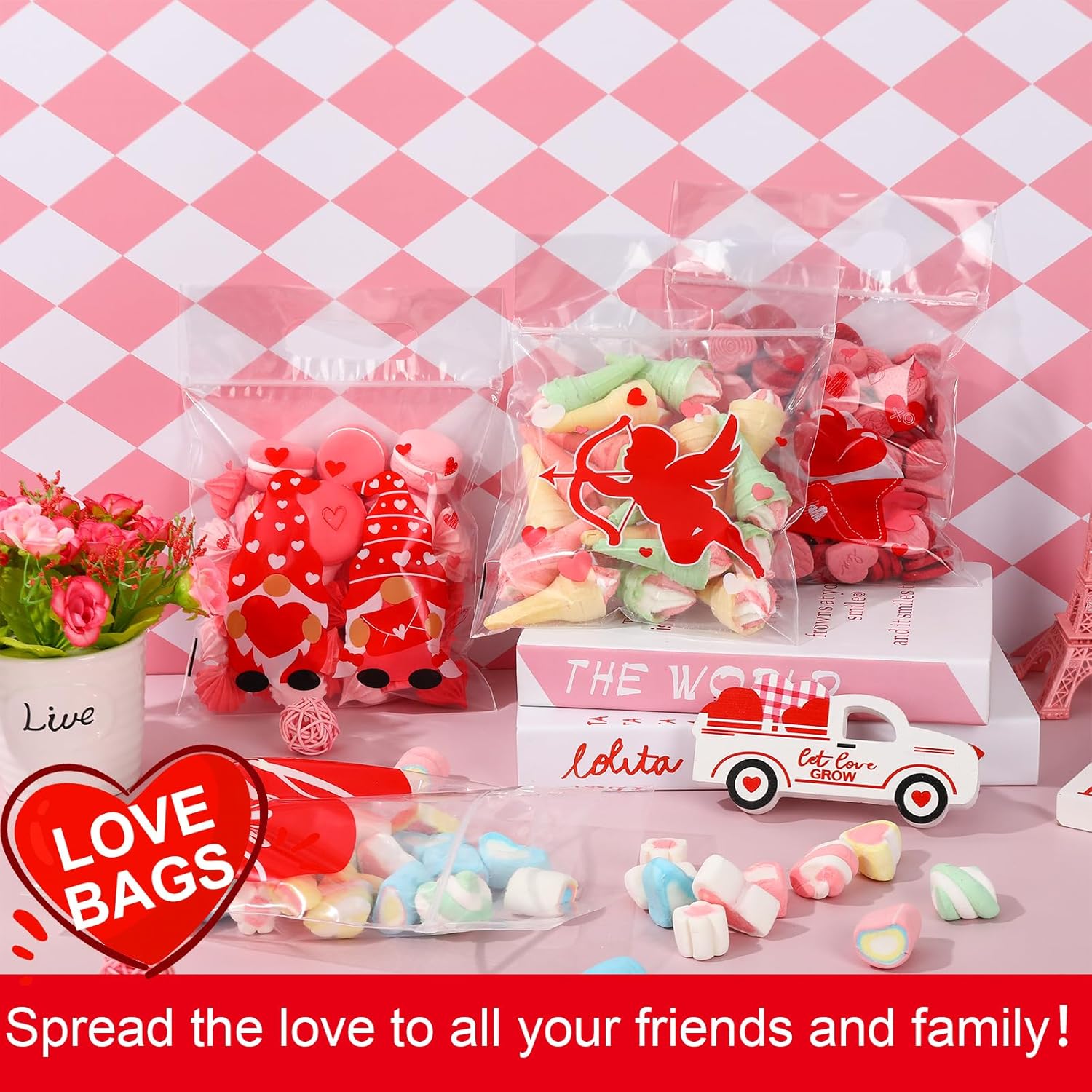 JarThenaAMCS 48Pcs Valentine's Day Cellophane Ziplock Bags 4 Designs Love Heart Gnome Clear Candy Bags with Handles for Wedding Anniversary Party Favors Supplies Exchange Prizes - Image 5