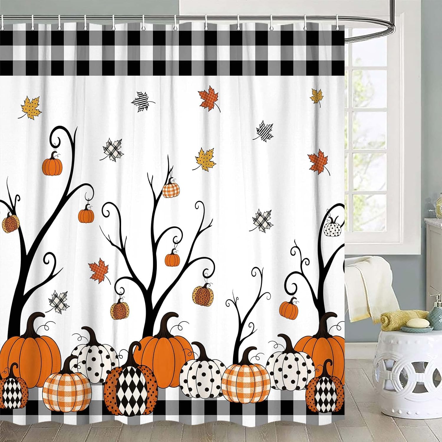 MERCHR Fall Pumpkin Shower Curtain, Autumn Leaves Tree Farmhouse Thanksgiving Halloween Bathroom Curtains Polyester Fabric Waterproof Set with Hooks 71x71 Inch