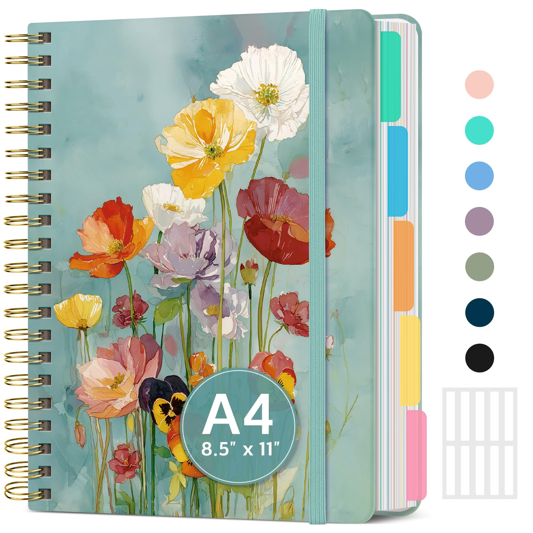 Grande quaderno a spirale per lavoro con divisori e linguette, 21,6 x 27,9 cm, copertina rigida, 5 soggetti, a righe, 280 pagine, dedica floreale