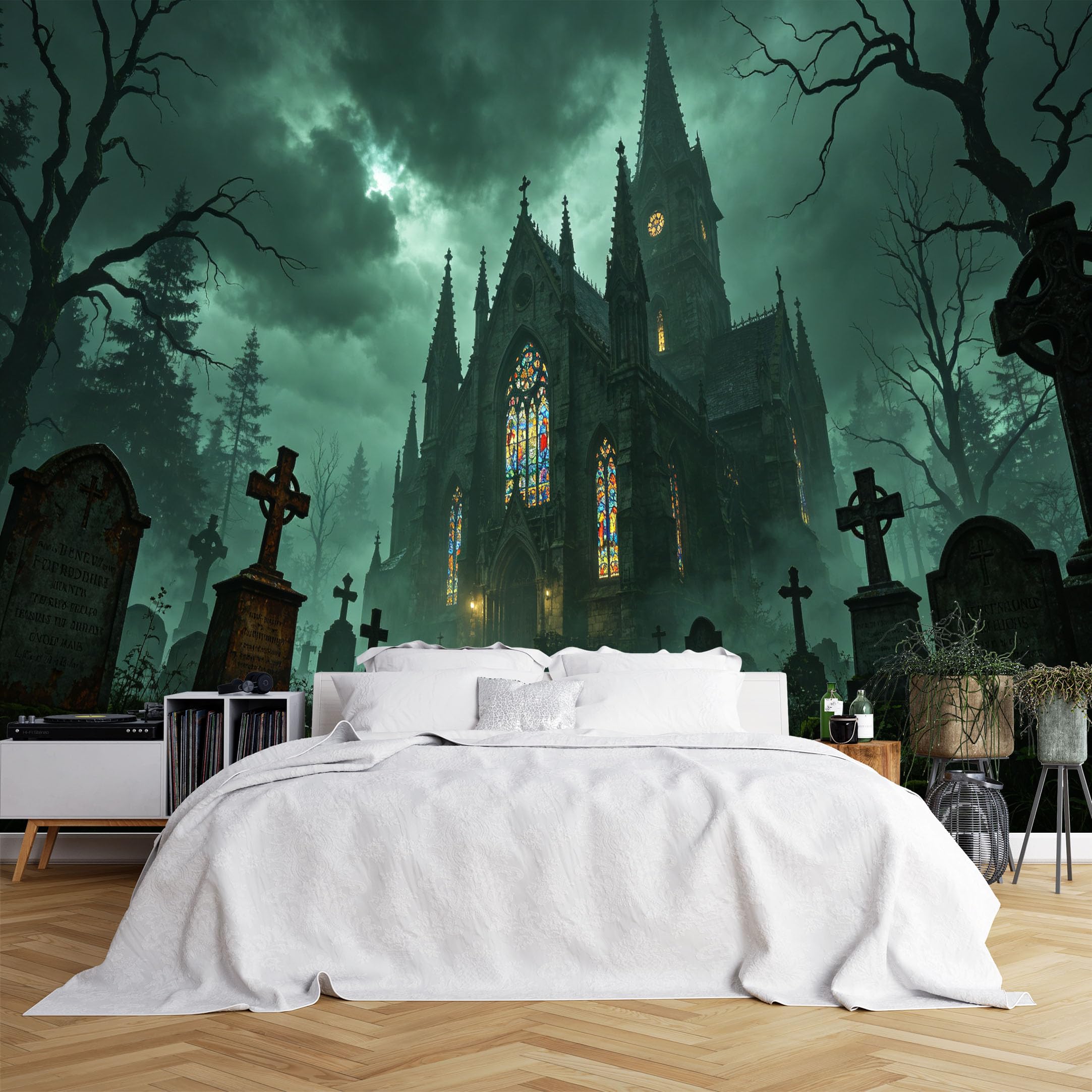 Lcythiazole Ch260615109 Custom Size Wall Murals Haunted Church Graveyard Dark Forest Wall Murals Realistic Gothic Wallpaper Wall Covering Fabric Self-Adhesive Removable Wallpaper For Game Room