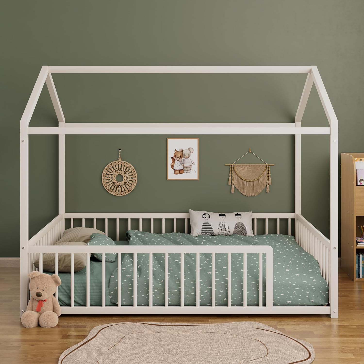 Bellemave Full Size Floor Bed Frame with Guardrail, F-Shaped Column Design, No Box Spring Needed, DIY-Friendly Low Profile Bed, White