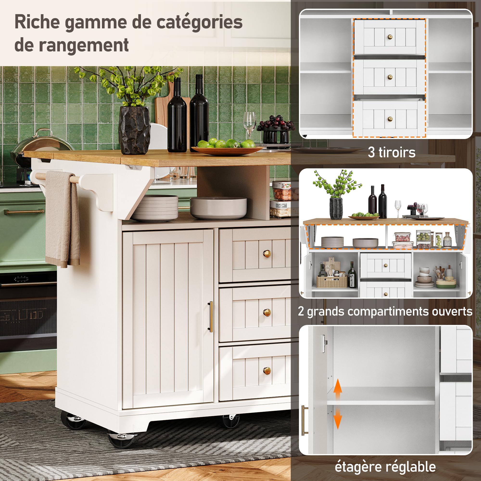 Sapgaks Îlot de Cuisine,Meuble,Buffet 120 x 40 (80) x 95 cm,Chariot de Cuisine Extensible à roulettes, Extensible des Deux côtés, avec Porte-Serviettes et étagère à épices,Trois tiroirs,(Blanc-4)