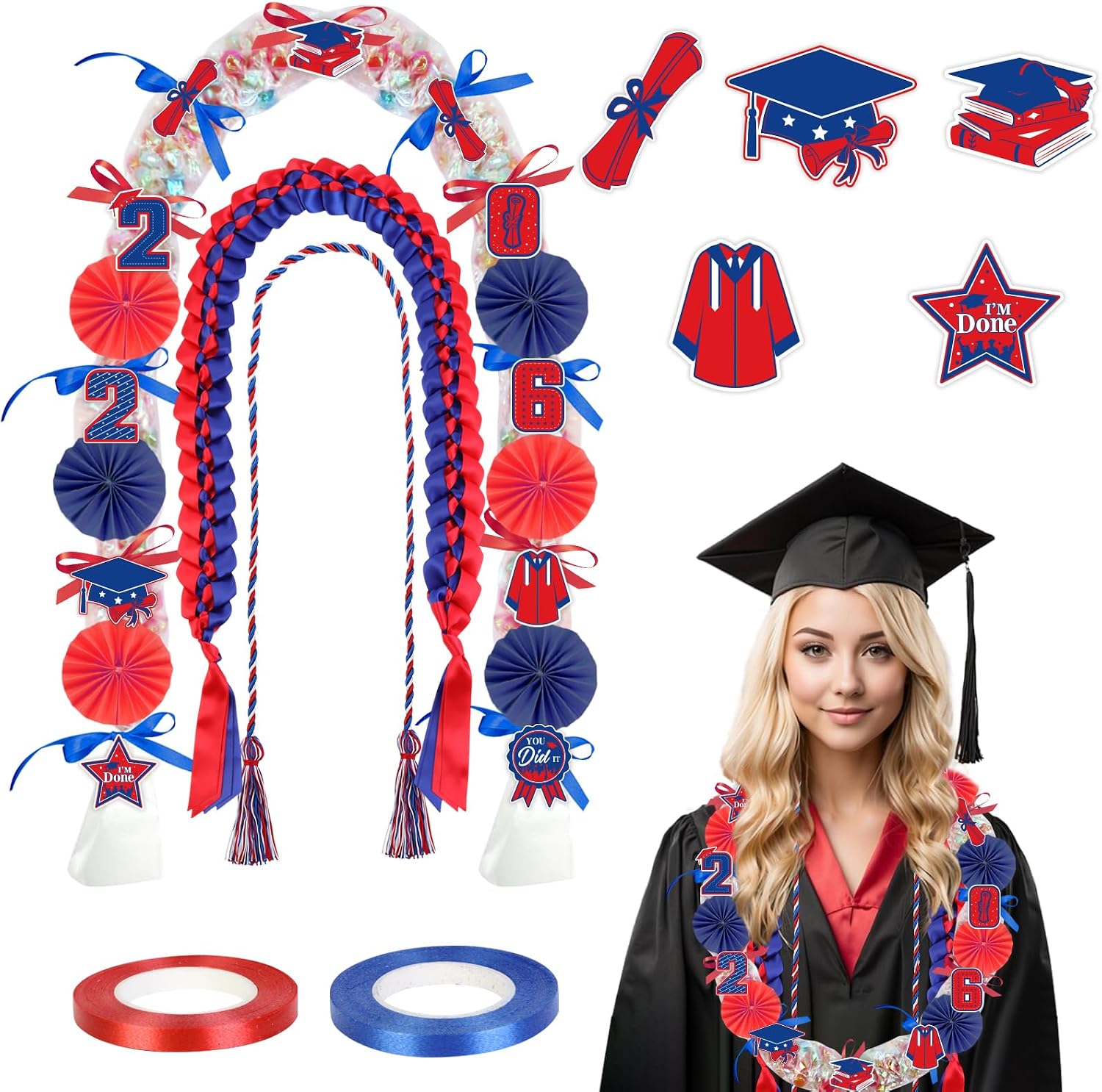 77PCS Graduation Leis Kit Hawaiian Congrats Grad Candy Making Leis Ribbon Lei Including Honor Cord Decoration Cards Paper, Grad Gift Party Favors for Class of 2026 Student (Red Blue)