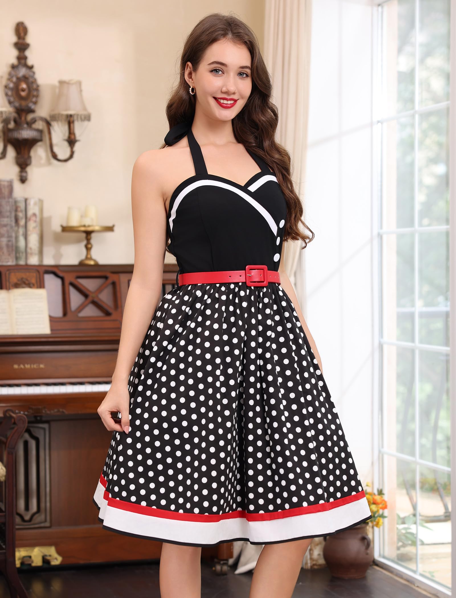 Robe trapèze des années 50 pour femme - Style rétro années 50 - Avec ceinture - Motif floral à pois - Rockabilly