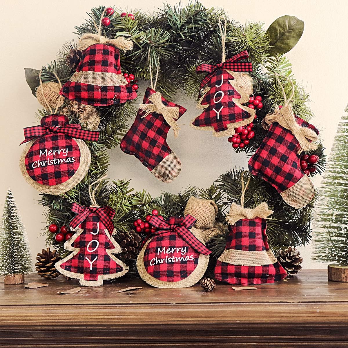 Ivenf Christmas Decorations Indoor Tree Ornaments, 8pcs Red Black Buffalo Plaid Burlap Farmhouse Xmas Ornaments, Tree Ball Bell Stocking Shaped Rustic Boho Country Decor for Home Office Family Party