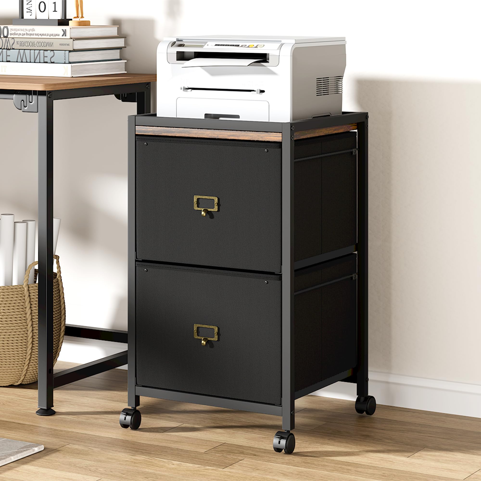 Archivador móvil con 2 cajones, unidad de almacenamiento debajo del escritorio con ruedas, muebles de almacenamiento de tela con marco de metal para el hogar, oficina, 40 x 40 x 66 cm