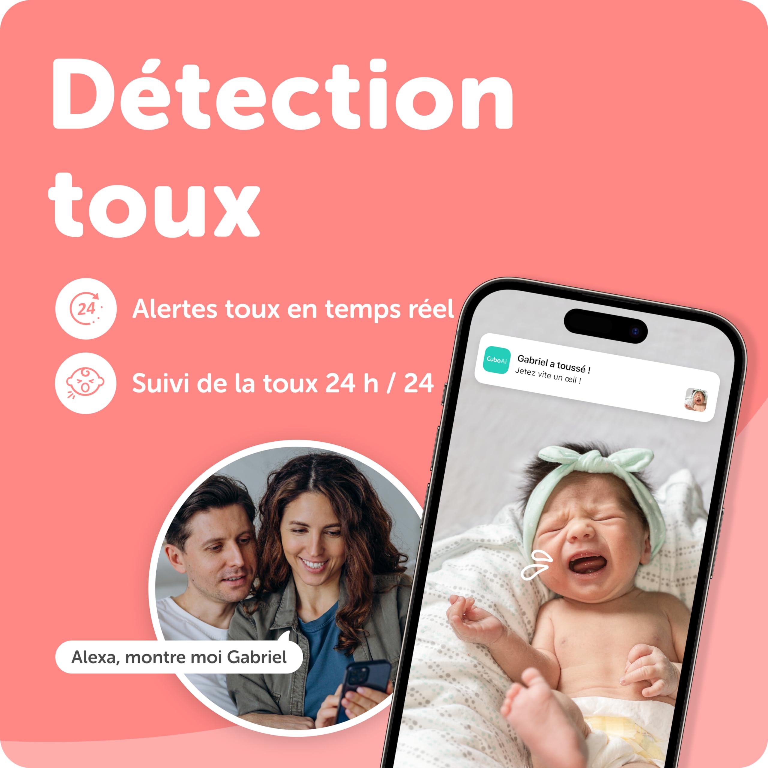 Cubo AI Babyphone Intelligent et 3 Supports | Caméra WiFi Vision Nocturne 1080p HD avec alertes I.A. pour la sécurité de bébé, Analyses du Sommeil, Audio bidirectionnel | iOS, Android