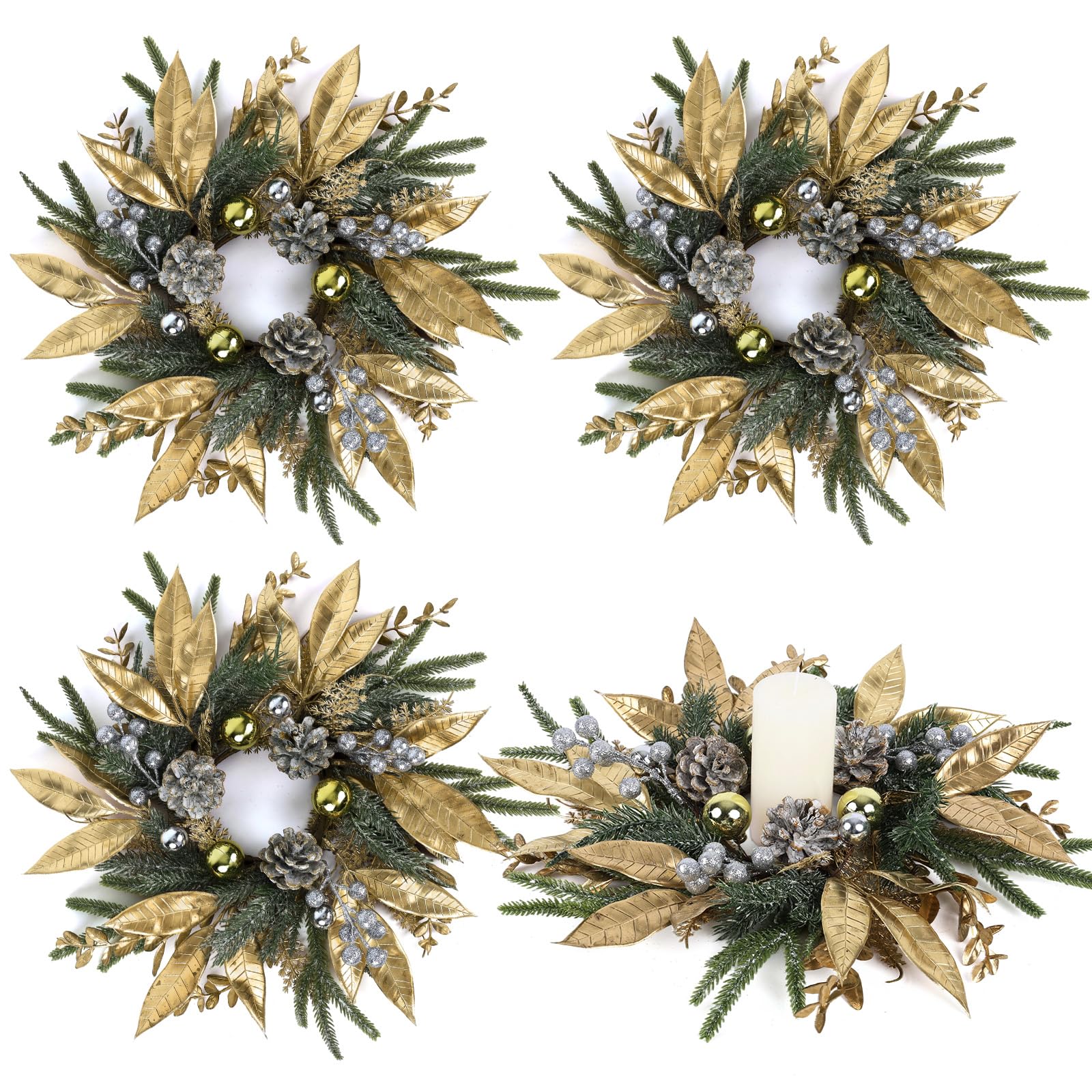 4 Pcs Christmas Candle Rings Wreaths Artificial Pine Wreaths with Christmas Balls Golden Twigs and Silver Berries Candle Ring Holder for Xmas Winter Indoor Centerpiece Table Decorations