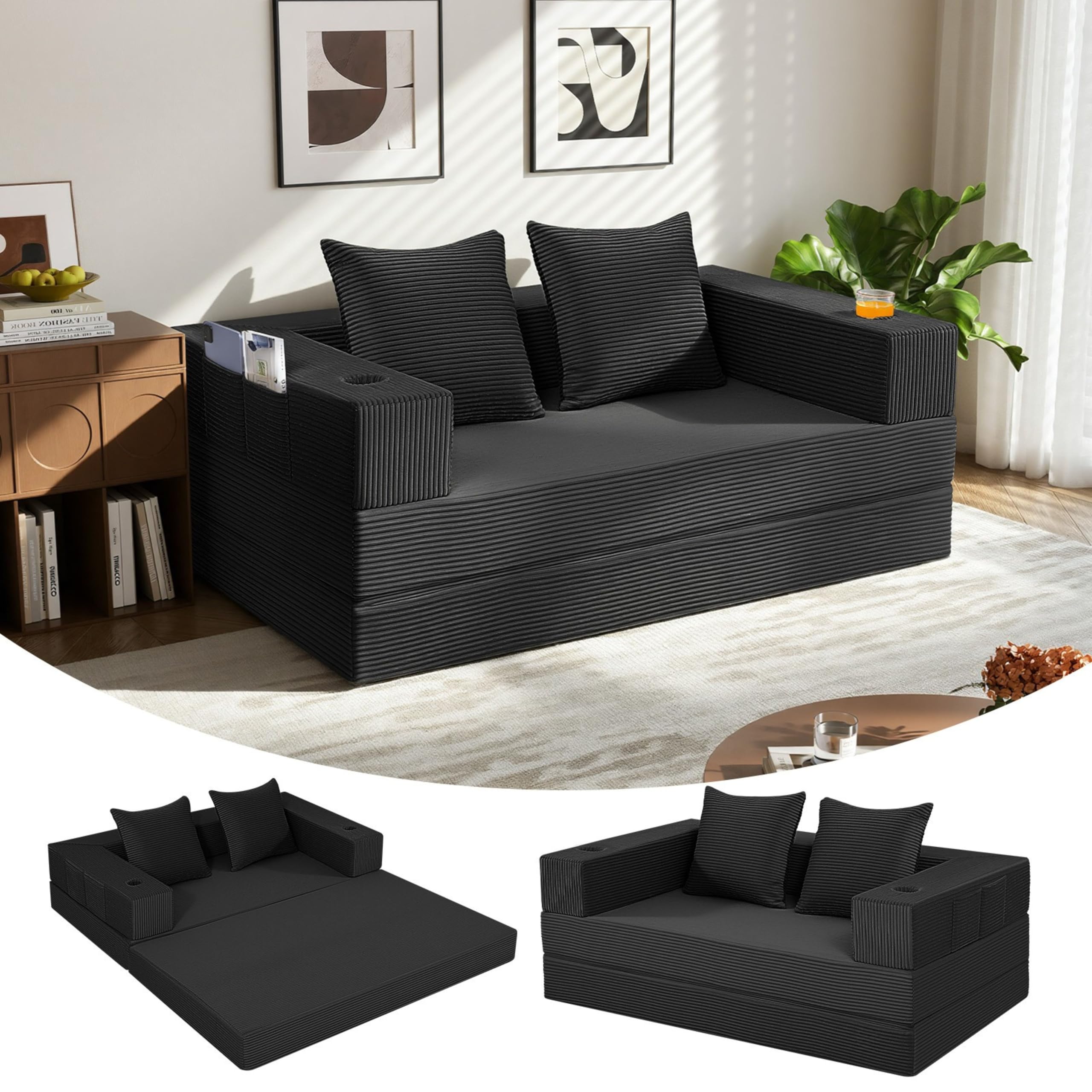 MeMoreCool 4-in-1 Klapp-Sofa-Bed, Umwandelbares Schlafsofa mit Armlehnen, Faltbare Matratze und Schlafsessel, Bequemes Schlafcouch für Wohnzimmer und Schlafzimmer als Lounge oder Gästebett