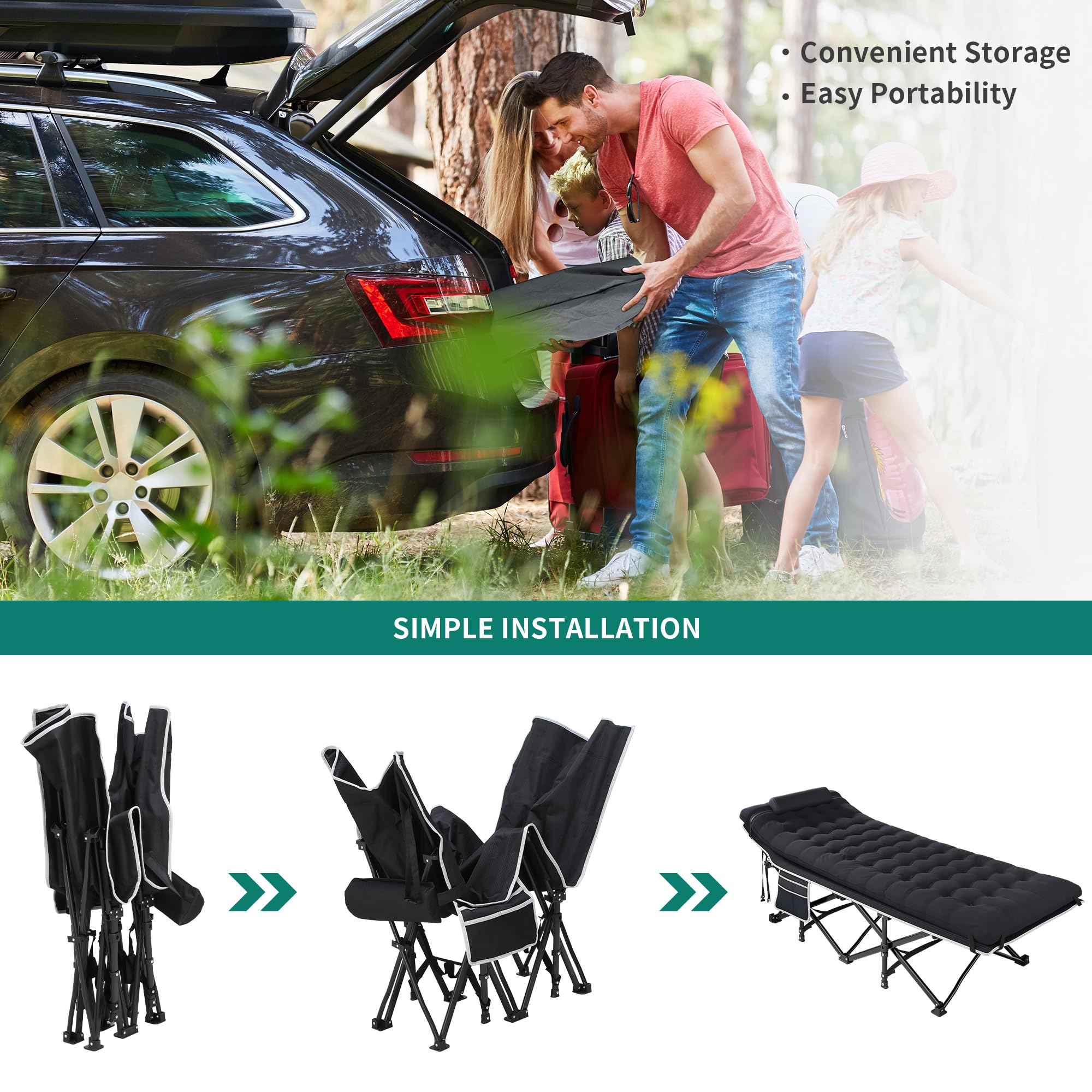 YITAHOME Brandina da Campeggio Pieghevole con Materasso Più Spesso, Lettino da Campeggio Robusti e Resistenti, Letto da Campeggio Comodo con Capacità di 250 kg per Viaggi/Ufficio/All'Aperto, Nero
