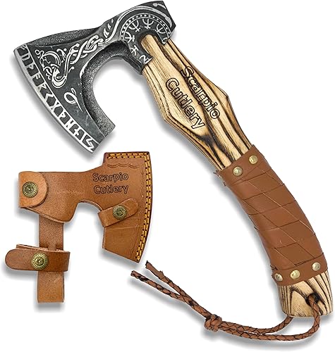 Hacha vikinga de acero al carbono hecha a mano de 13 pulgadas, hacha vikinga nórdica, hacha de lanzamiento, el mejor regalo para él, mango envuelto
