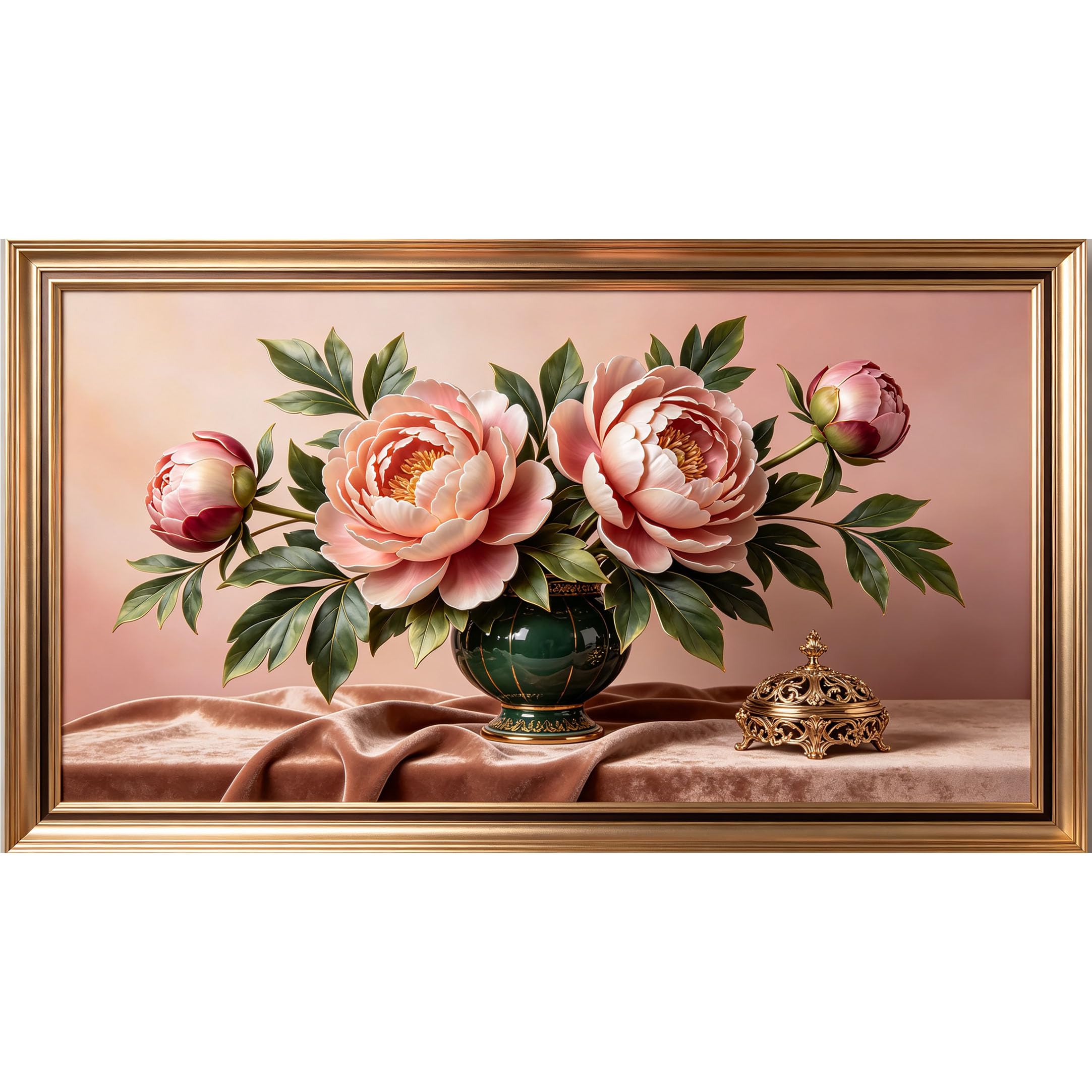 QZLITHOTIC 50x90cm3D Framed Wall Art， Botanical Peony Bouquet in Green Vase Self‑Adhesive Mural， Water‑Activated Peel & Stick Fabric Decor Wall Decal for Bedroom Living Room