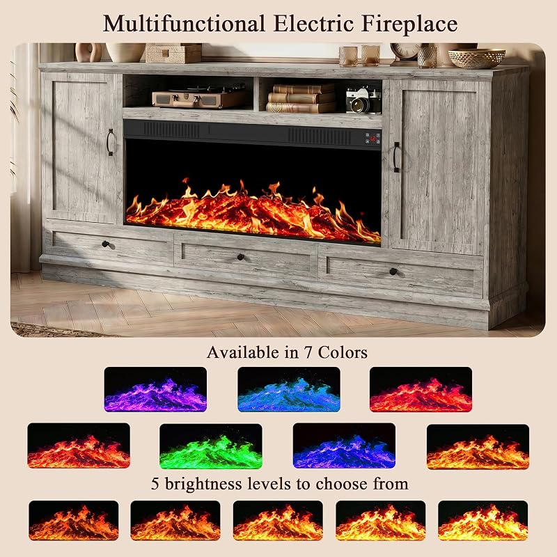 85" Large TV Stand with 47" Fireplace, 85" W & 39" H, Gray image 4