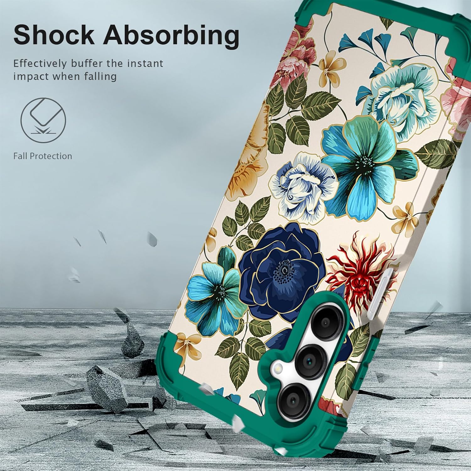 Hocase for Galaxy A16 5G Case, Heavy Duty Shockproof Protection Soft Silicone Rubber Bumper+Hard Plastic Hybrid Protective Case for Samsung Galaxy A16 5G (6.7") 2025 - Teal Flowers - Image 3