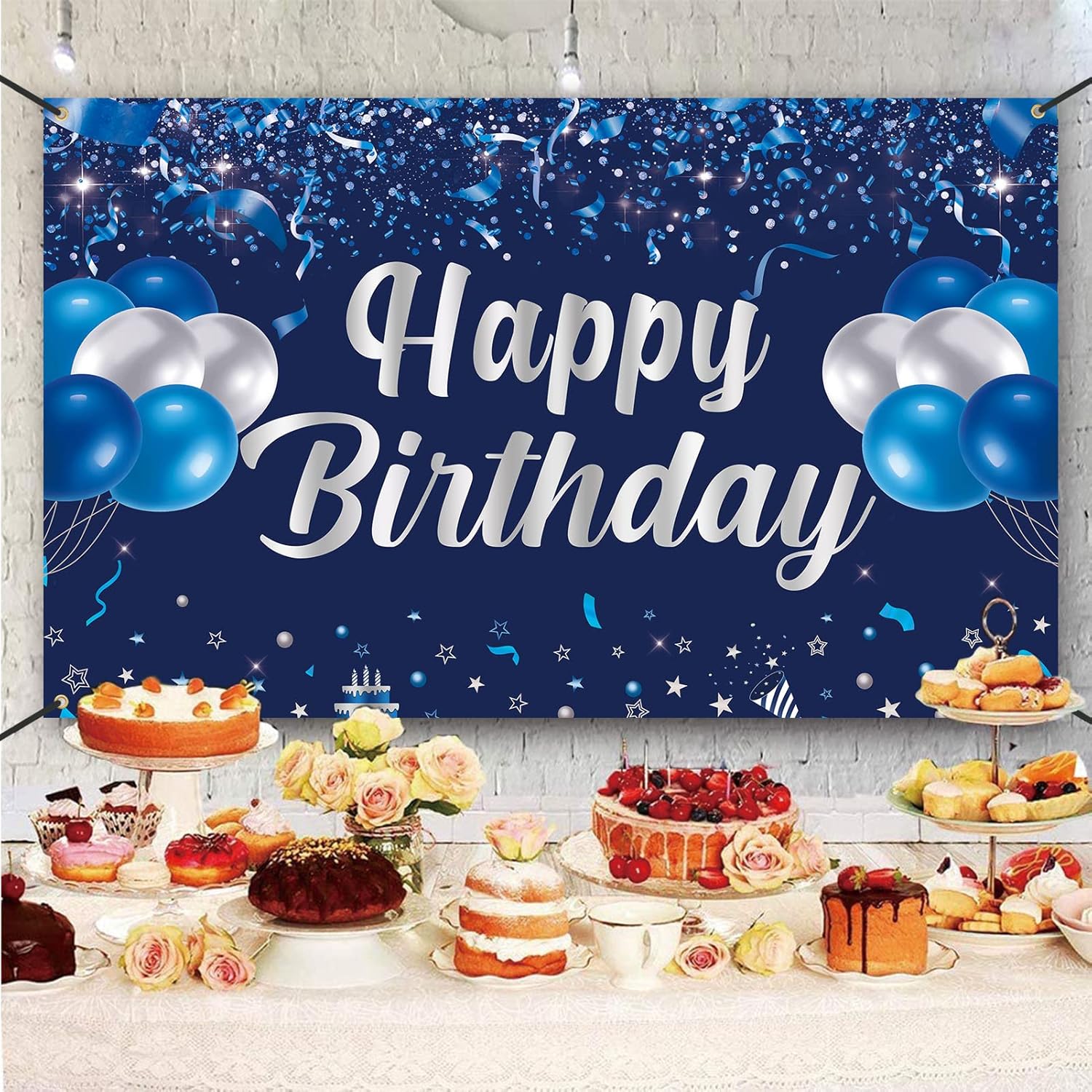 Trgowaul Happy Birthday Banner, Blue & Silver Birthday Party Decorations, Party Supplies for Men, Women & Kids, Photo Background Banner Decor for Indoor & Outdoor - Image 4