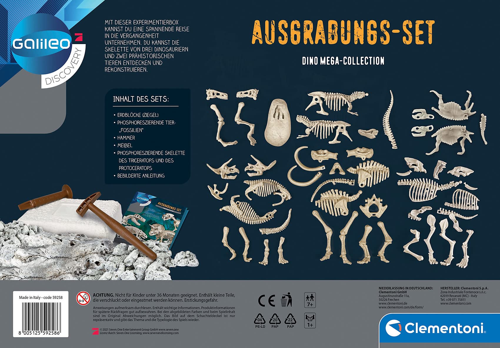 Clementoni Galileo Discovery - Kit De Excavación Dino Mega-Collection. Desentierra 5 Esqueletos De Dinosaurios Que Brillan En La Oscuridad. Incluye Martillo Y Cincel. Para Niños De 7 Años En Adelante.