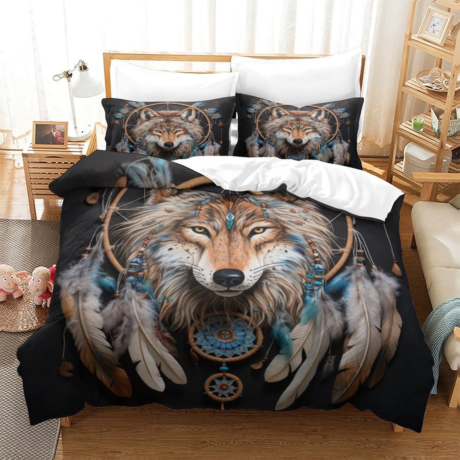 Housse de couette loup finis les draps froissés parure de lit zippée microfibre 220x240 King