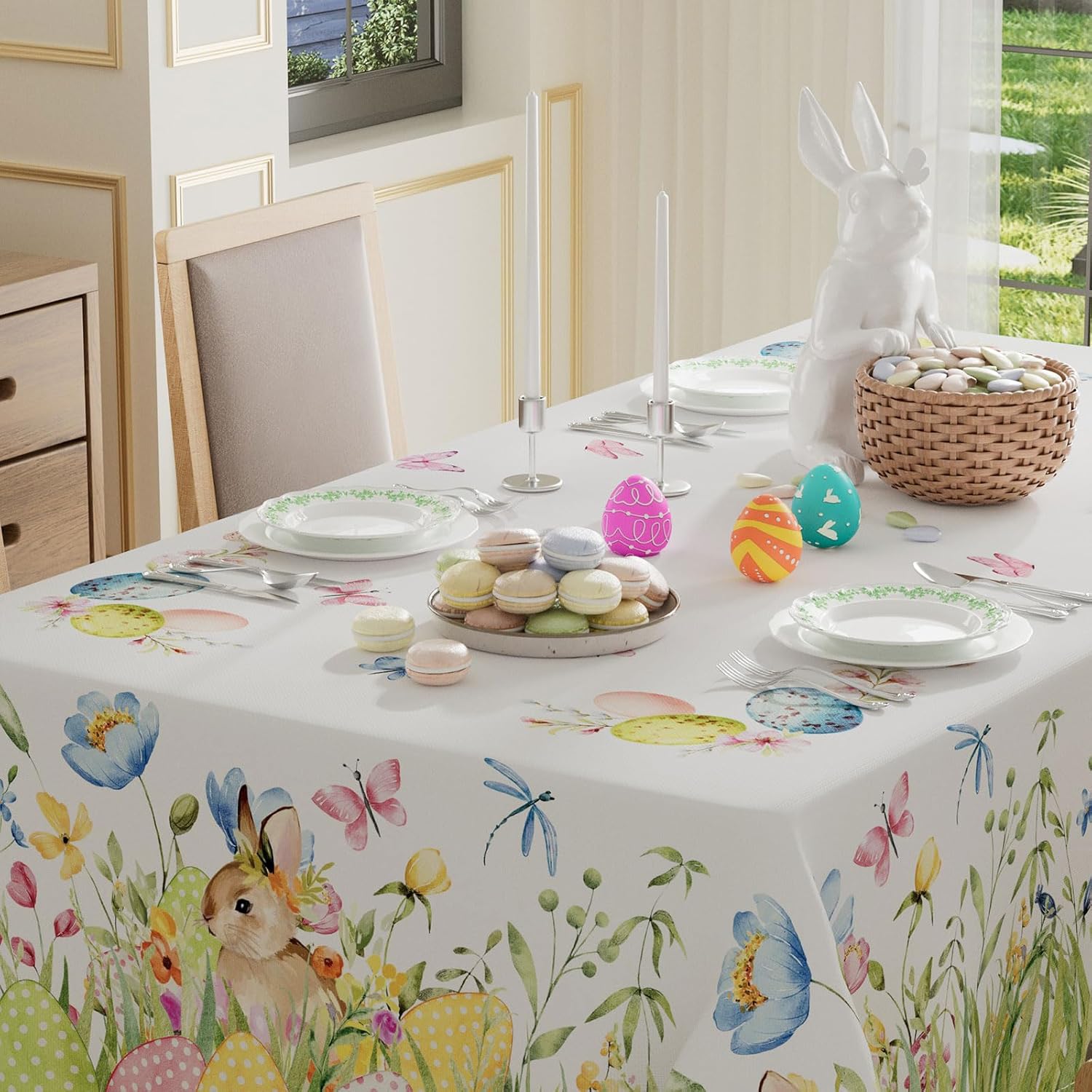 XCHI Bunny Eggs Flower Butterfly Watercolor Rabbits Easter Tablecloth Rectangle Table Cloth Washable Table Covers for Indoor Dining Home Party Decorations 60x120 Inch