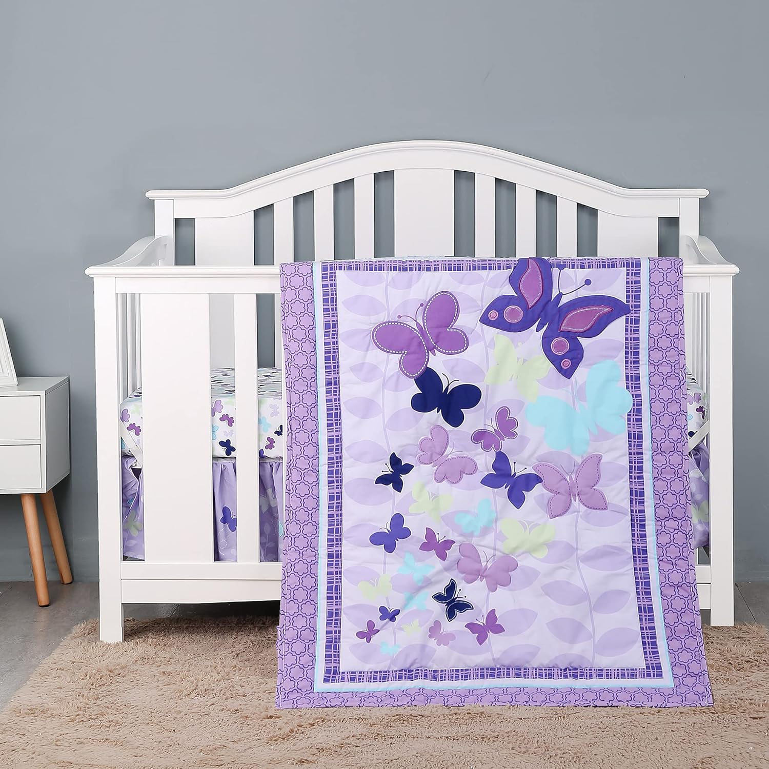 Crib Bedding Set for Girls 3Piece Jungle Elephant Baby Girl Crib Bedding Set Nursery Crib Set for Baby Girl - Fitted Sheet Comforter Crib Skirt (Purple)