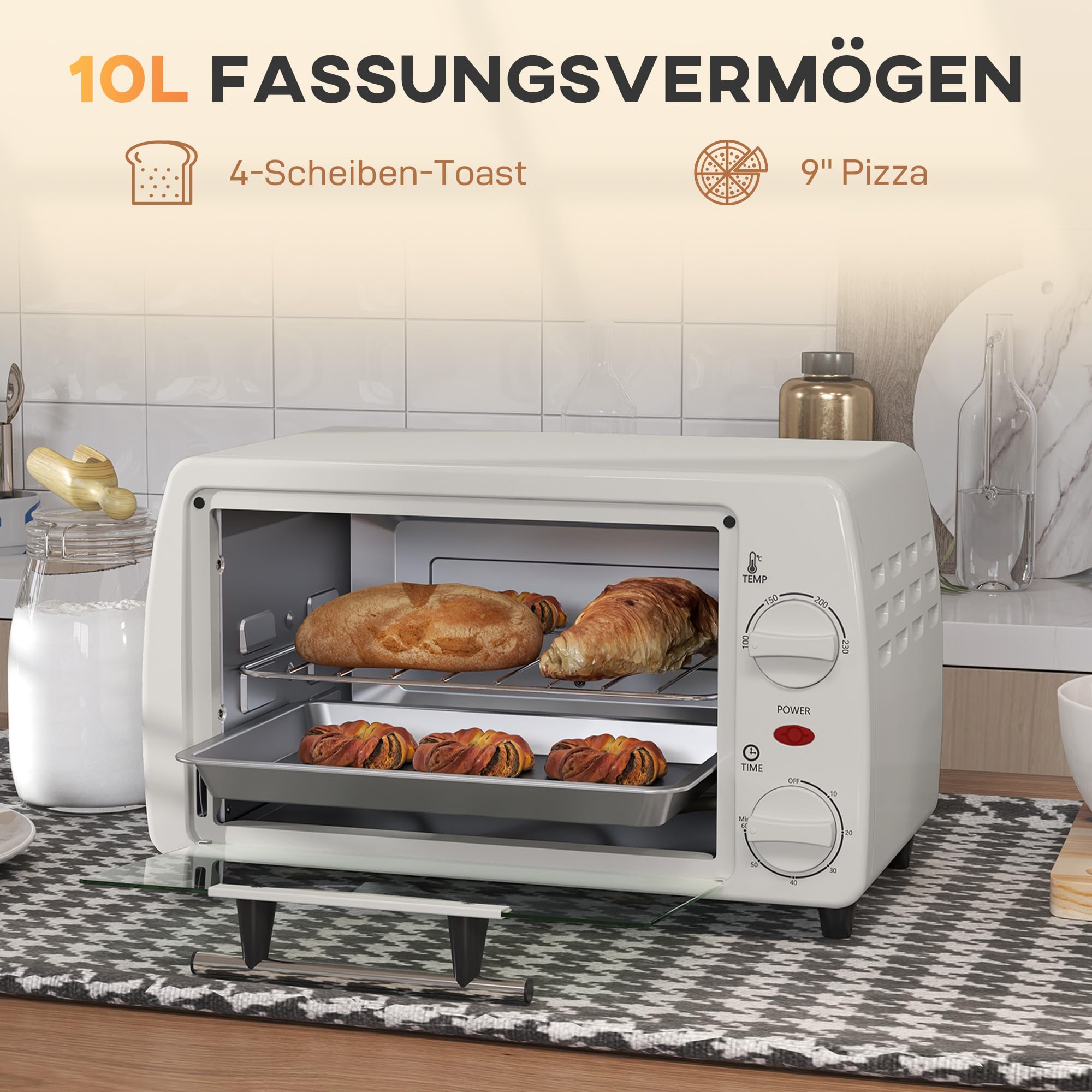 HOMCOM Horno eléctrico 10L 750W 230°C 60min 36,5x26x22cm Crema