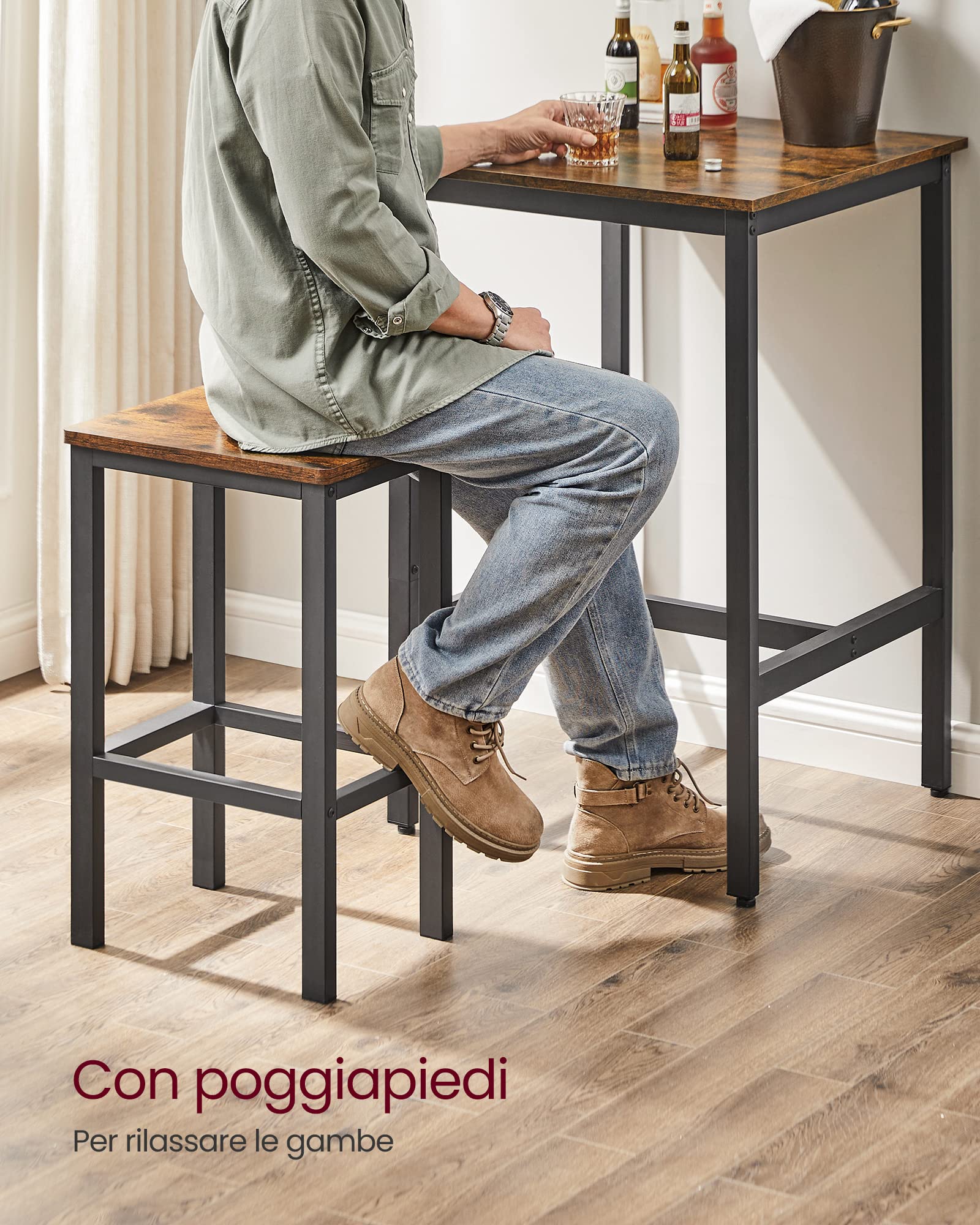 VASAGLE Tavolo Bar con 2 Sgabelli, Cucina Piccolo 60 x 60 x 90 cm, Ogni Sedia di 30 x 40 x 65 cm, Sala da Pranzo, Industriale, Marrone Vintage e Nero LBT017B01