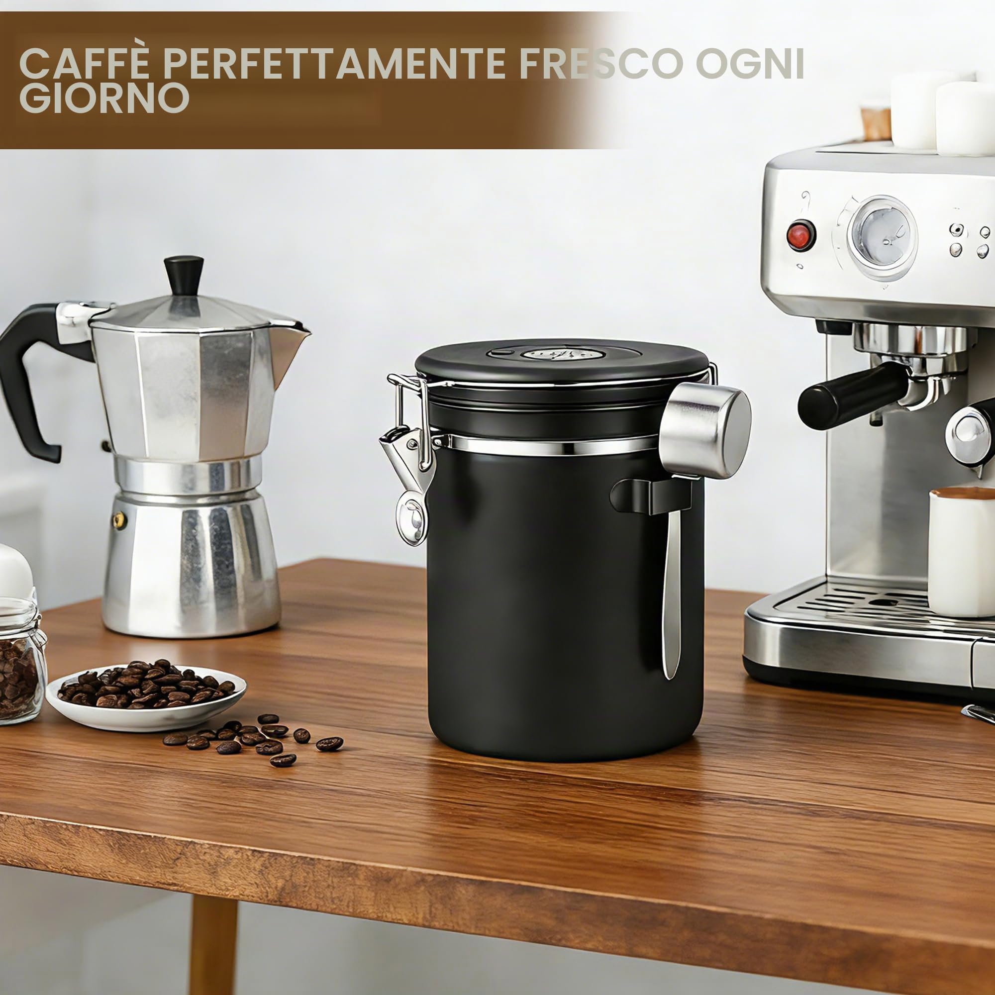 Barattolo Ermetico per Chicchi di Caffè da 1 KG, Contenitore per Chicchi in Acciaio Inox, 2.8L, Sottovuoto per Chicchi di Caffè, Polvere di Caffè, Tè, Zucchero