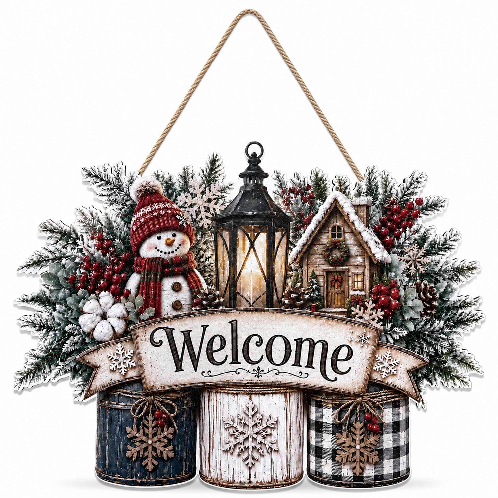 Christmas Decorations - Winter Snowman Welcome Wooden Sign for Front Door