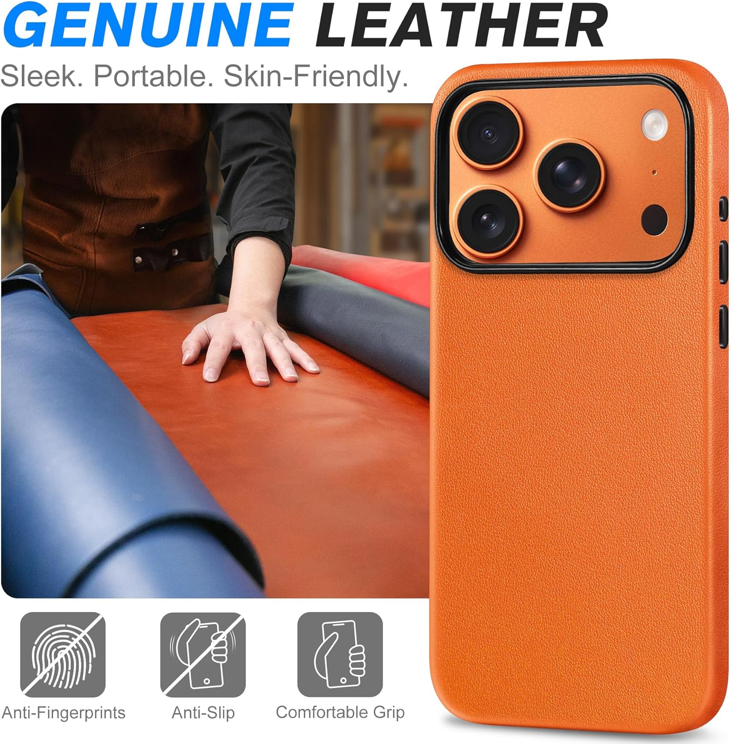 SHIELDON Genuine Leather Case for iPhone 17 Pro 6.3 Inch 2025 | Compatible with Magsafe, Updated Camera Button, Magnetic Wireless Charging, Anti-Scratch, Shockproof, Protective Phone Cover - Orange - Image 3