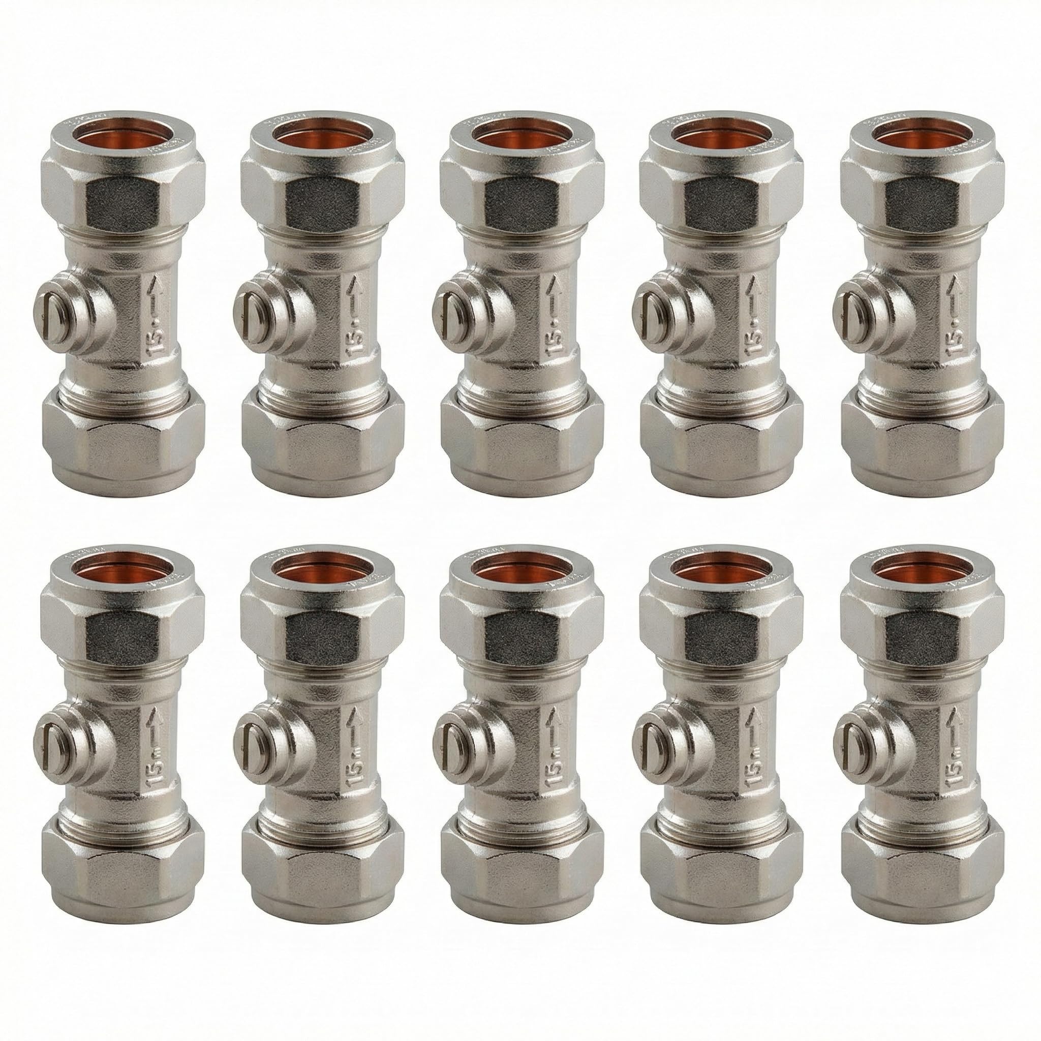 Hulthor Chrome 15Mm Isolation Valve Pack, Compression Shut Off Valves For Copper Pipe Plumbing, Quarter Turn Water Isolation Valves For Taps, Toilets & Appliances (10)