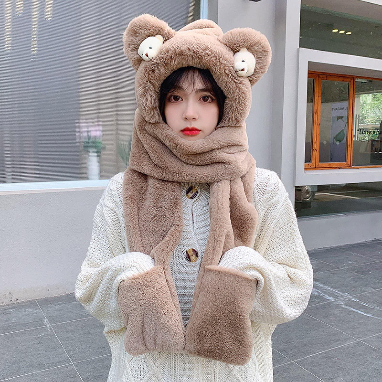 Sombrero de Punto Grueso para Mujer,Gorro de Punto Slouch de Forro Polar,Gorro de bufanda dulce para todos los partidos, gorro de protección para los oídos de felpa gruesa, Caqui, Talla única