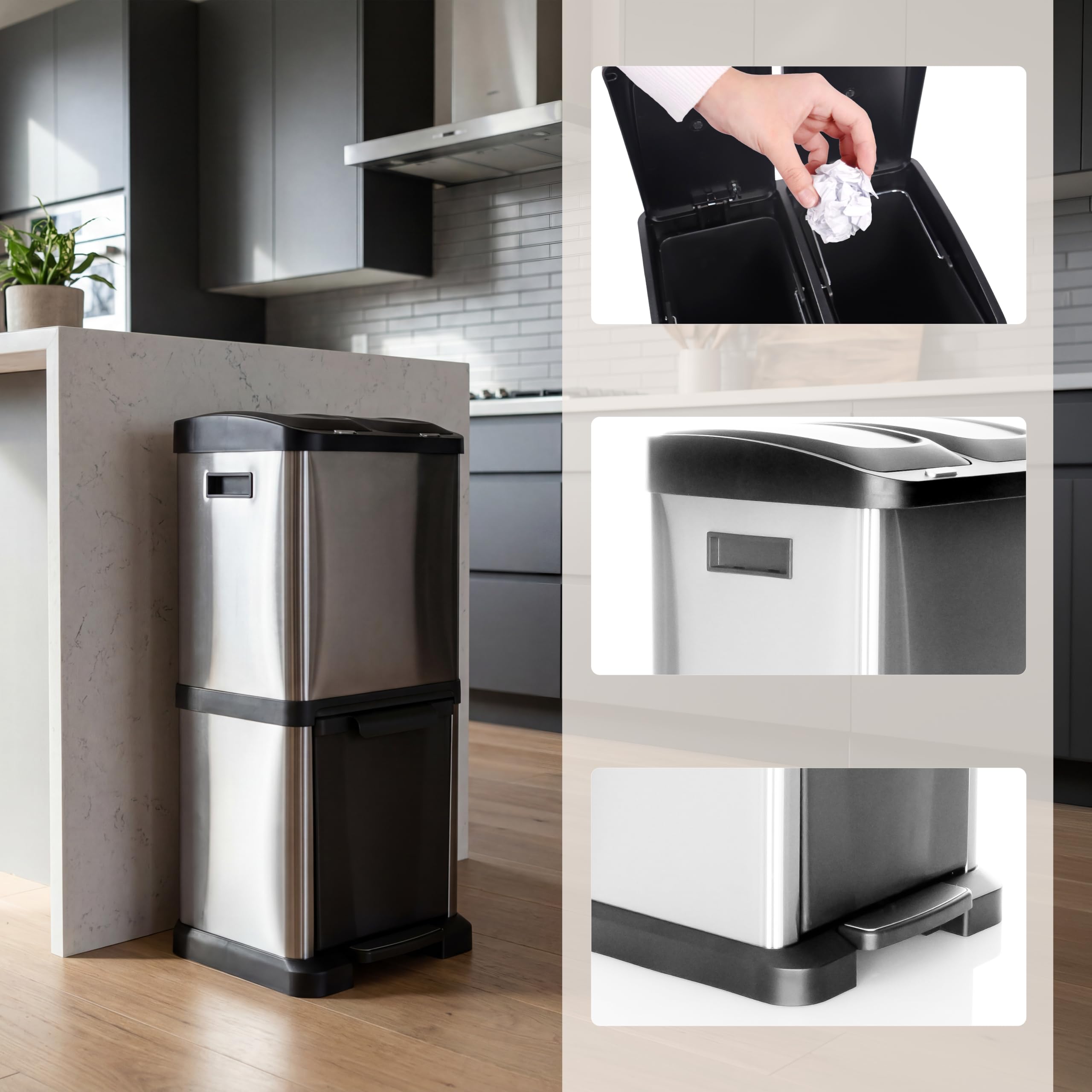 HJH Office cestino CLEAN VII in acciaio, sistema di separazione dei rifiuti con 3 scomparti (2 x 8L + 1 x 16L), uso universale, argento, 741100