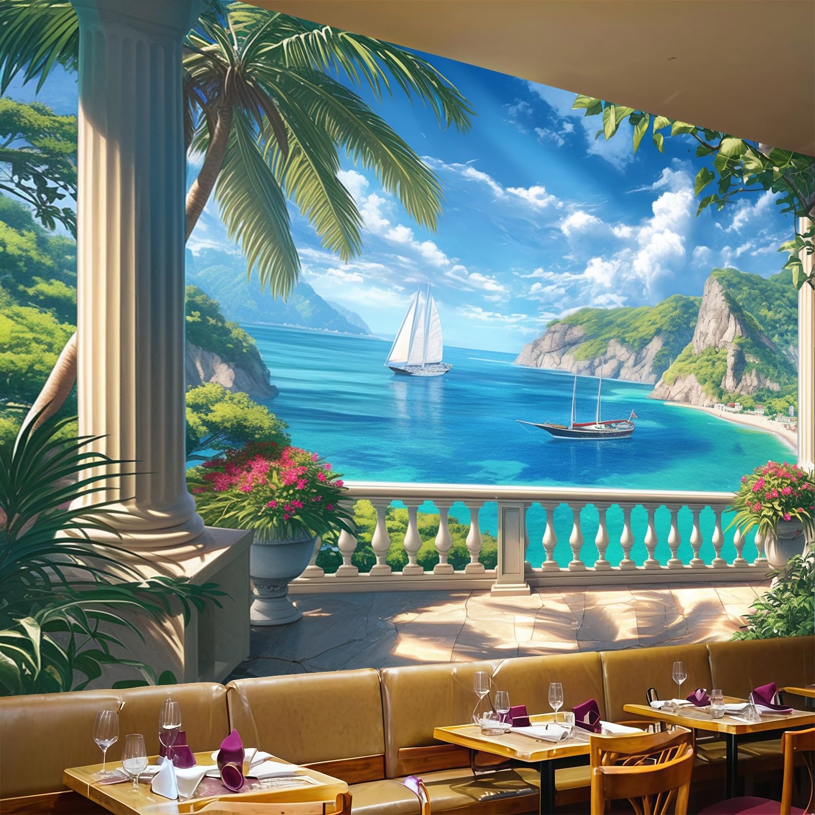 Papel pintado fotomural balcón vista al mar azul moderno de diseño panorámico grande 200x140cm