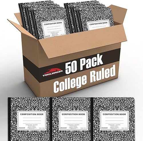 Trail maker Paquete de 50 cuadernos de composición a granel con rayas universitarias, 200 páginas (100 hojas), 9-34 x 7-12 pulgadas, suministros