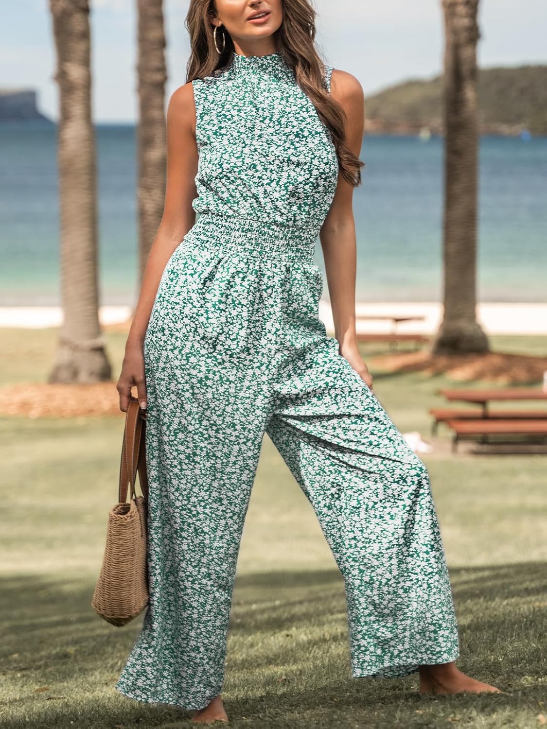 CUPSHE Women Floral Summer Maxi Jumpsuit with Pocket Mock Neck Elastic Waist Wide Leg Business Wedding Casual Holiday Dressy - Image 3