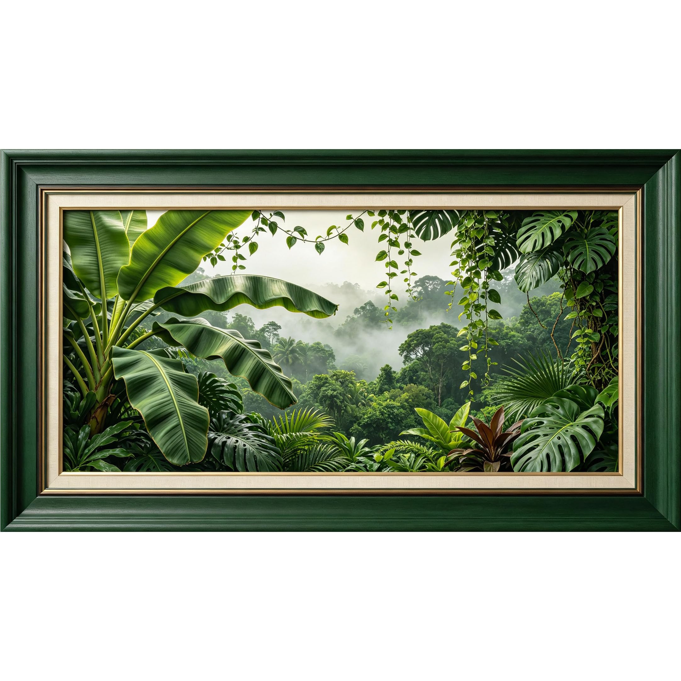 QZLITHOTIC 50x90cm3D Framed Wall Art， Tropical Jungle Green Banana Leaf Landscape Self‑Adhesive Mural， Water‑Activated Peel & Stick Fabric Decor Wall Decal for Bedroom Living Room
