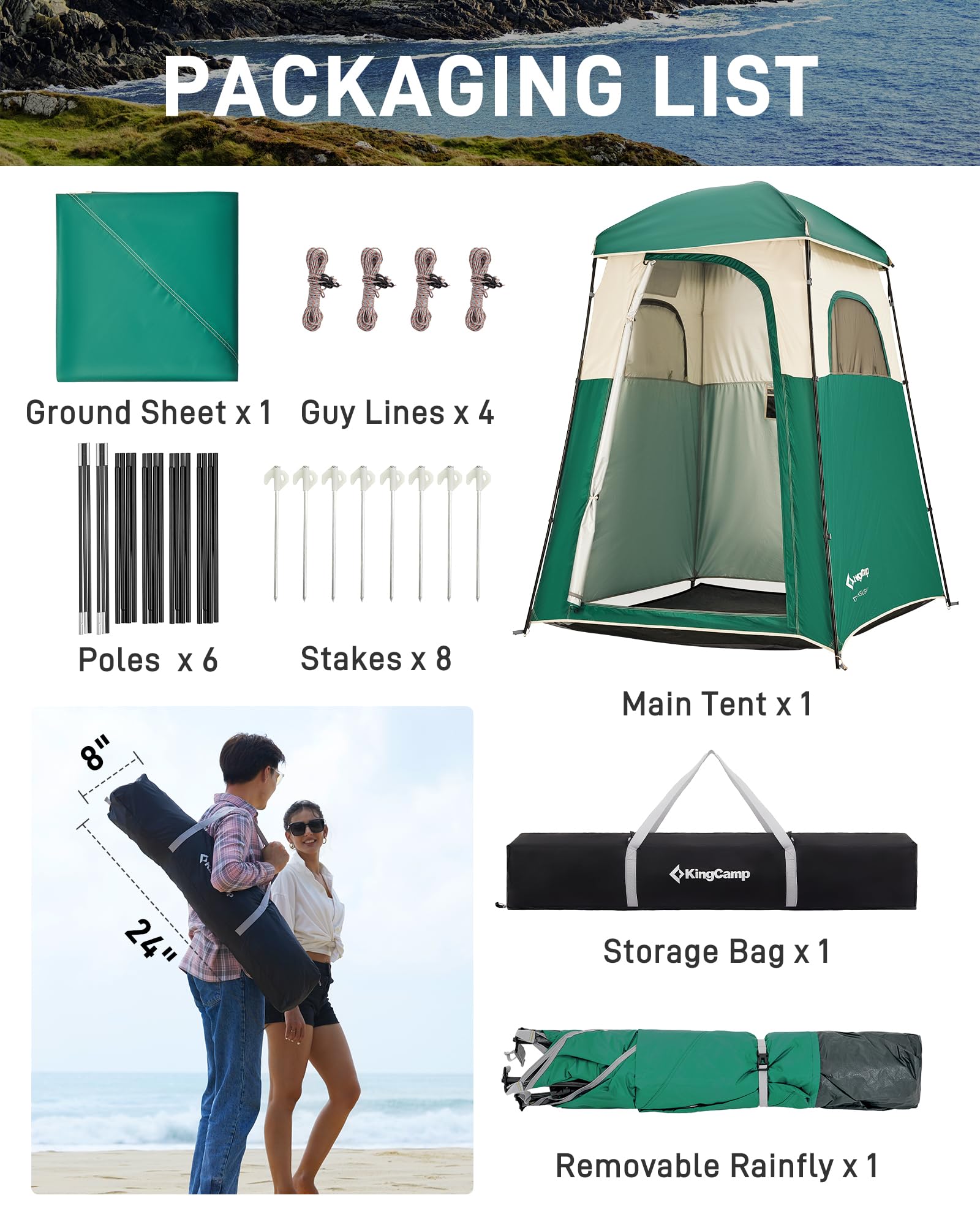 KingCamp Duschzelt, tragbares Sichtschutzzelt, Outdoor-Camping, 1/2 Zimmer, Toilettenzelte mit Duschtasche & Ankleidezimmer für Strand, Camping & Wandern