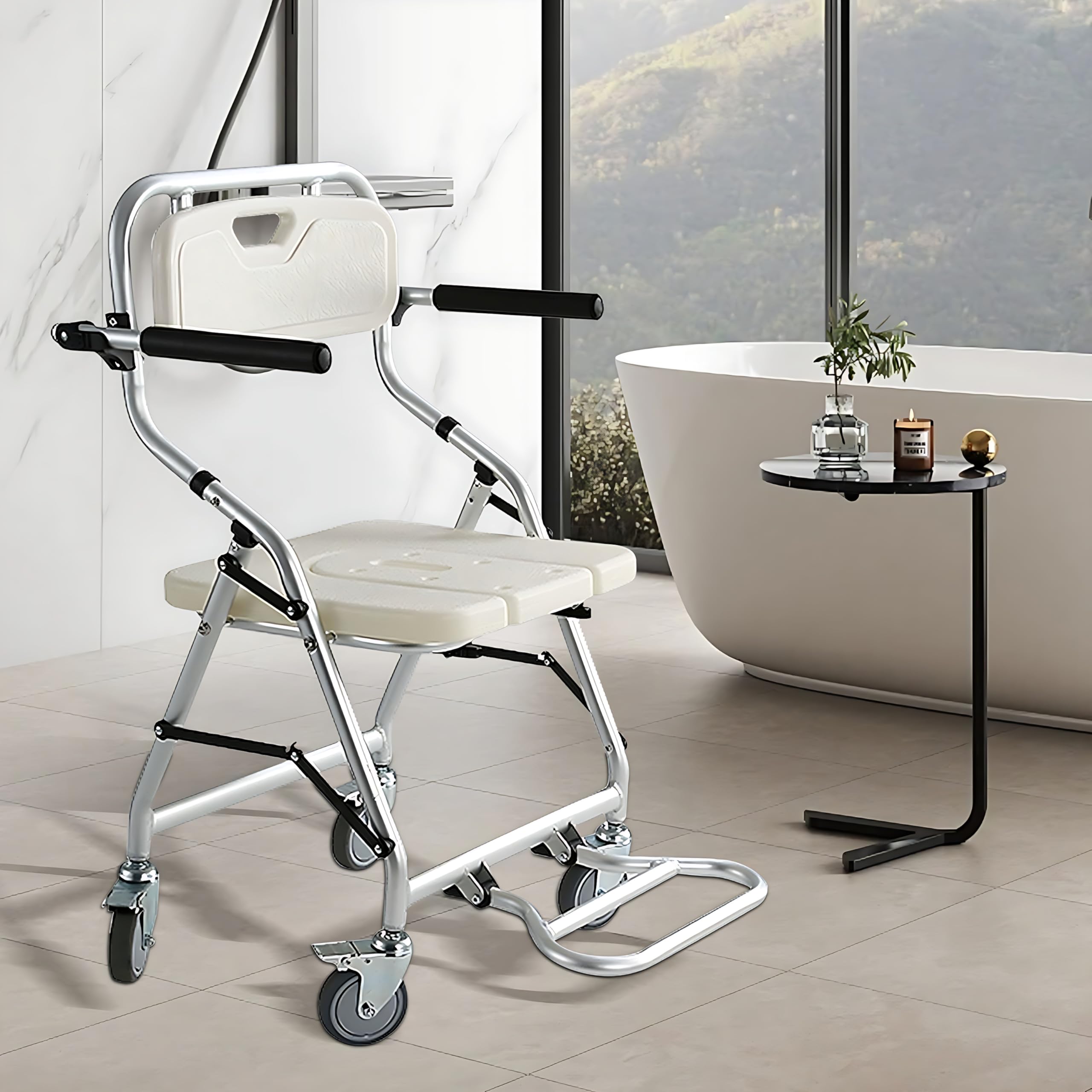 Silla de Ducha con Ruedas para Personas Mayores, Silla Plegable Ducha con Reposabrazos Reversibles, Silla con Ruedas para Ducha, Silla Baño Ancianos Ducha, Capacidad de Carga 120kg