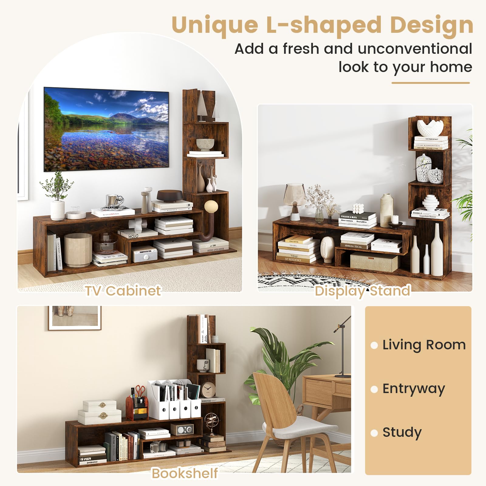 KOMFOTTEU Mobile TV Soggiorno con Mensole a Forma di L e Scomparti Aperti, Mobiletto Multifunzione per Televisione fino a 50”, Mobile Porta TV e Libri in Legno per Camera da Letto, Ingresso (Marrone)