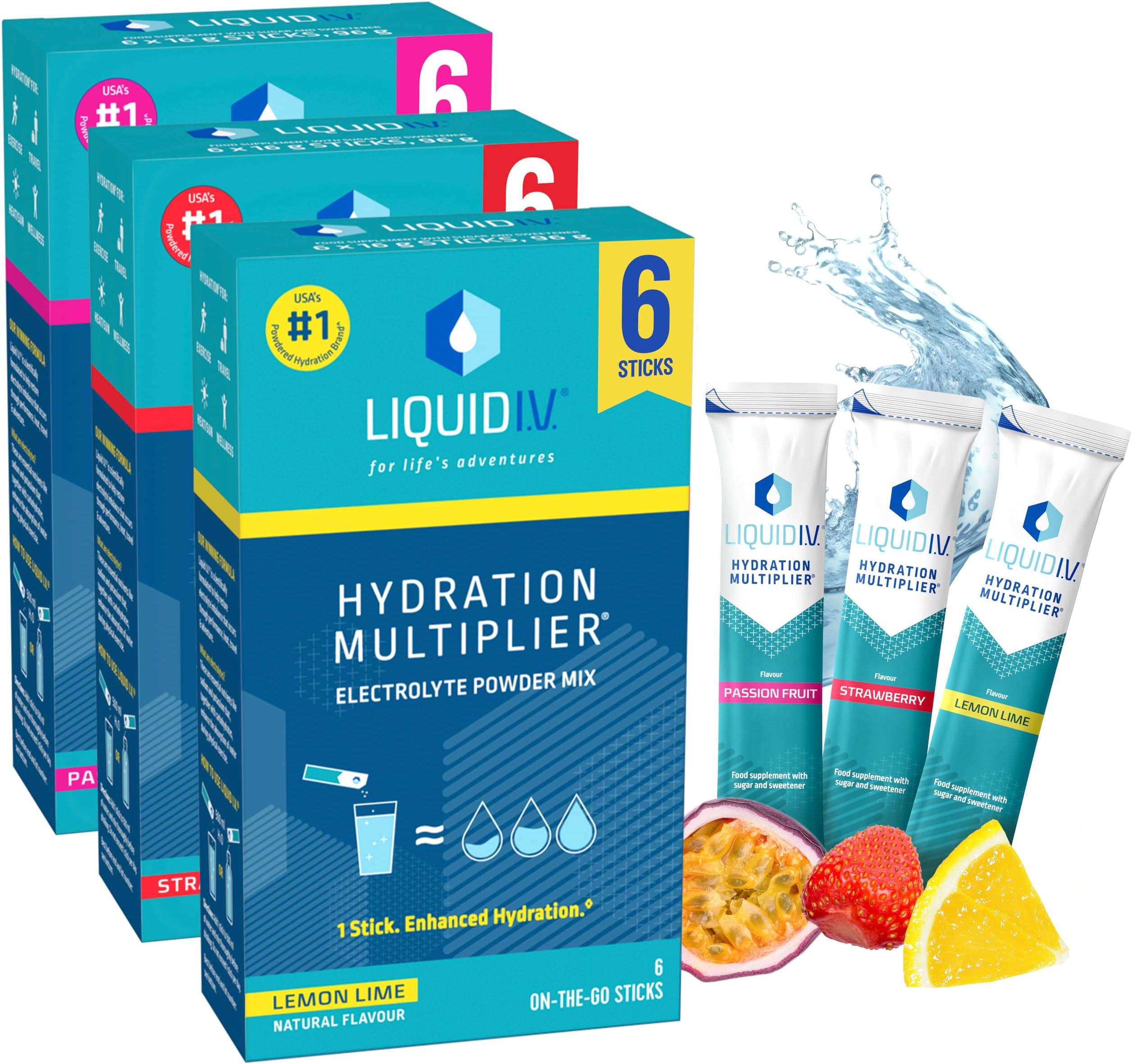 Hydration Sachets | Lemon Lime + Passion Fruit + Strawberry | Electrolyte Powder Mix | 3 Pack (18 Sticks) | 7 Vitamins and Minerals | Vegan