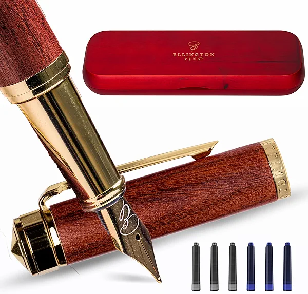 Ellington Pens Elegant Wood Fountain Pen Set – Includes Wooden Pen Box, Ink Converter, 6 Ink Cartridges, and Gift Box – Writing, Calligraphy