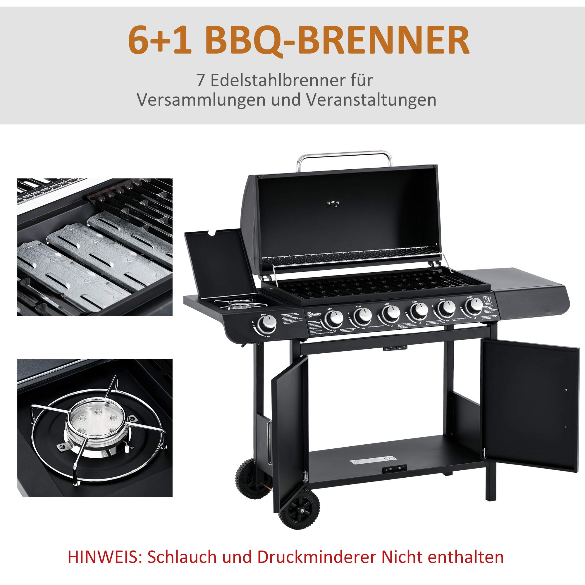 Outsunny Barbacoa de Gas Carro Barbacoa con 6 quemadores 1 Quemador Lateral Armario Multifunción Metal Negro 135 x 50 x 100 cm