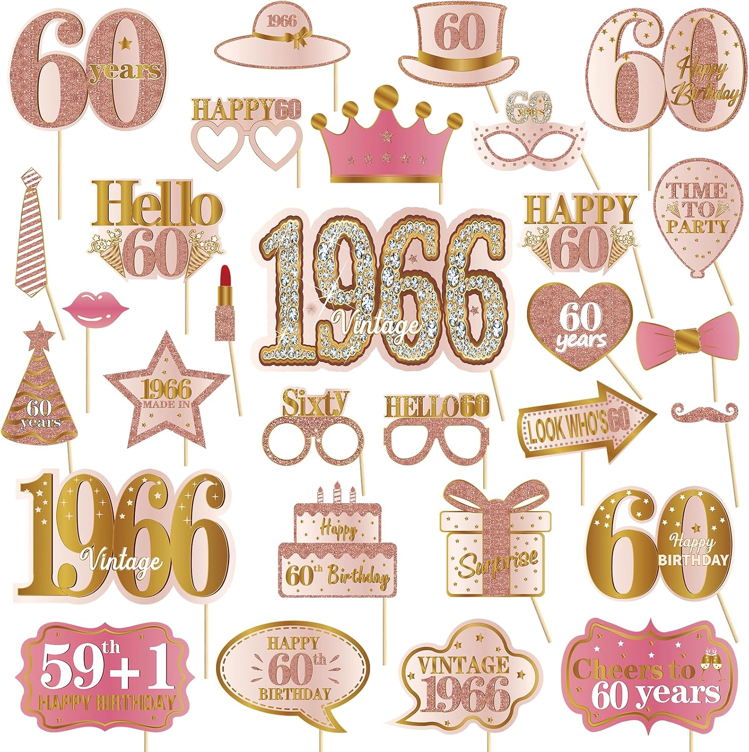 Kuxriox 30Pcs 60th Birthday Photo Booth Props for Women Pink Rose Gold | Vintage 1966 60 Birthday Selfie Props Kit with Sticks Party Supplies Favors, Happy Sixty Bday Photo Props Decor