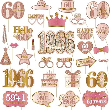 Kuxriox 30Pcs 60th Birthday Photo Booth Props for Women, Pink Rose Gold Vintage 1966 60 Birthday Selfie Props Kit with Sticks Party Supplies Favors, Happy Sixty Bday Photo Props Decor