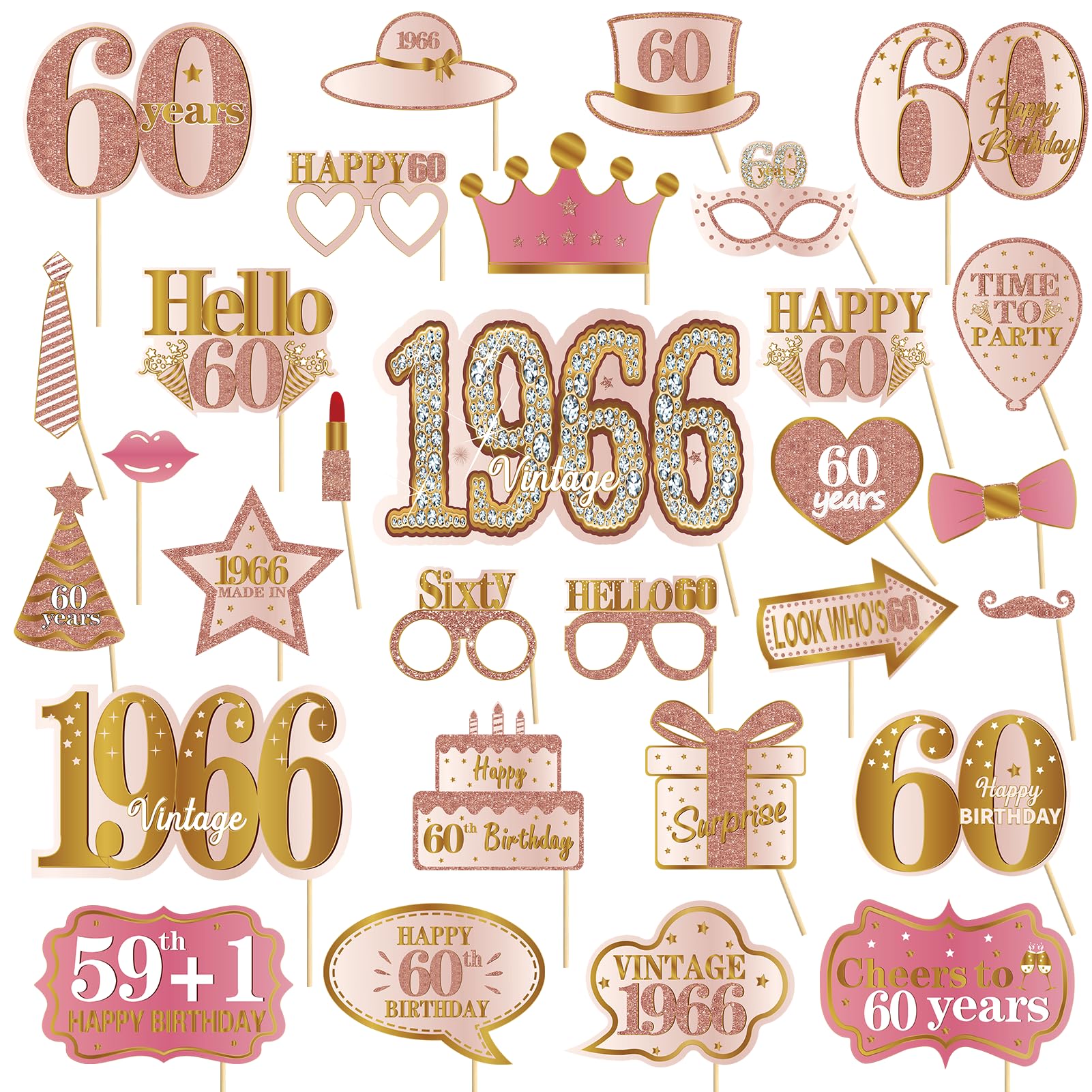 Kuxriox 30Pcs 60th Birthday Photo Booth Props for Women, Pink Rose Gold Vintage 1966 60 Birthday Selfie Props Kit with Sticks Party Supplies Favors,